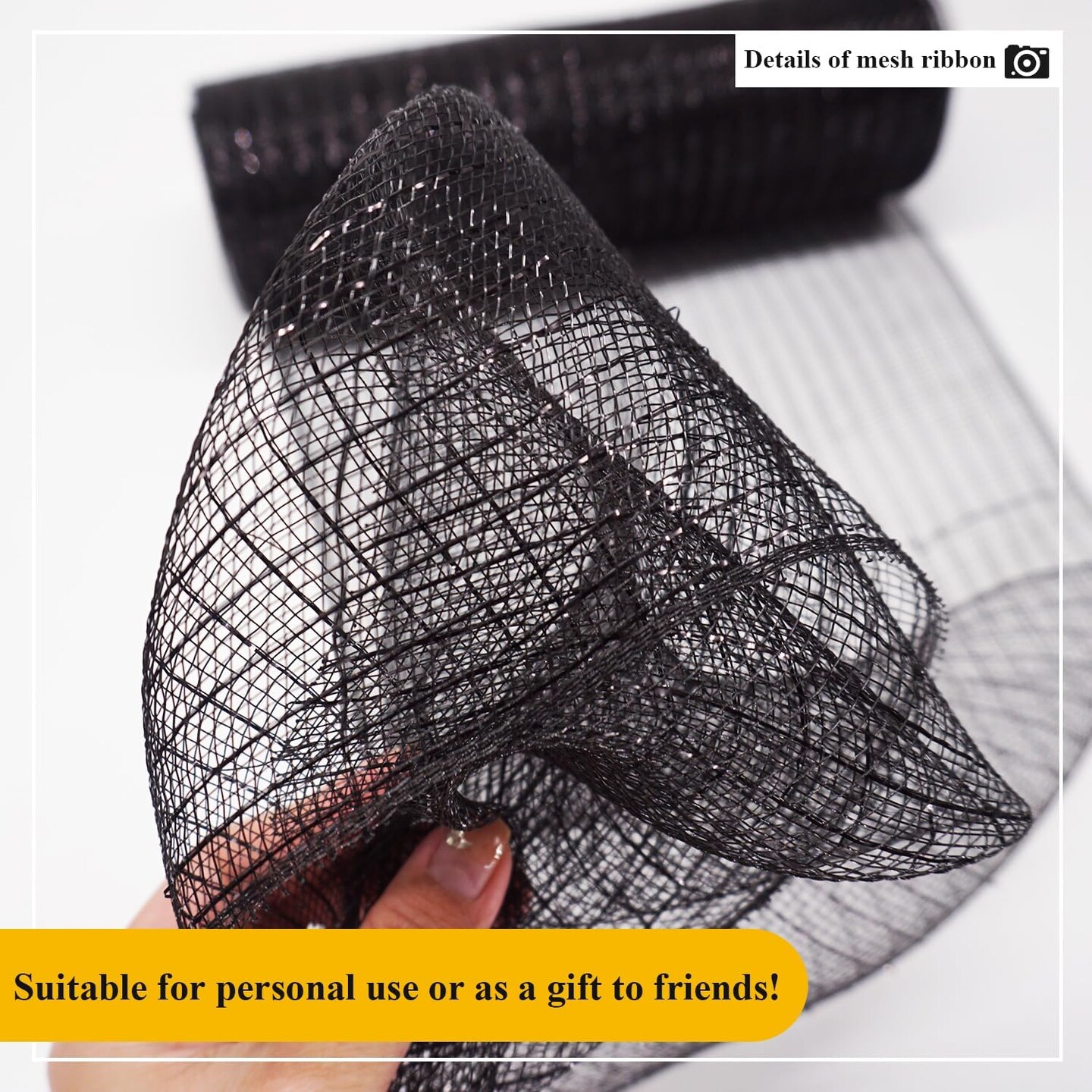 2 Pcs Black Deco Mesh Ribbon Rolls 10 Inch 10 Yards(30 ft) Decorative Mesh Fabric with Foil