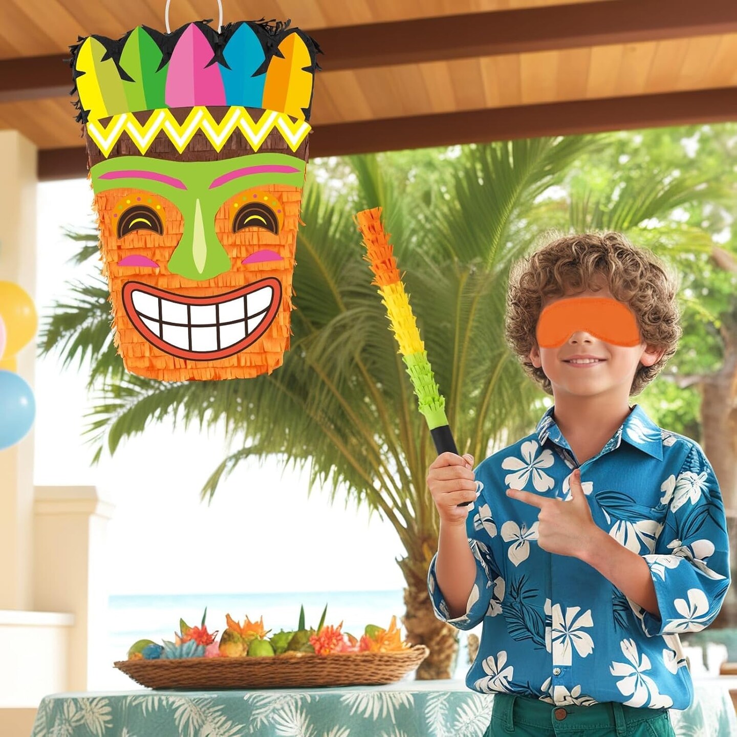 Tiki Pi&#xF1;ata -Tropical Hawaii Pi&#xF1;ata with Blindfold and Bat for Girls Boys Kids Pi&#xF1;ata Hawaiian Luau Themed Party Decorations