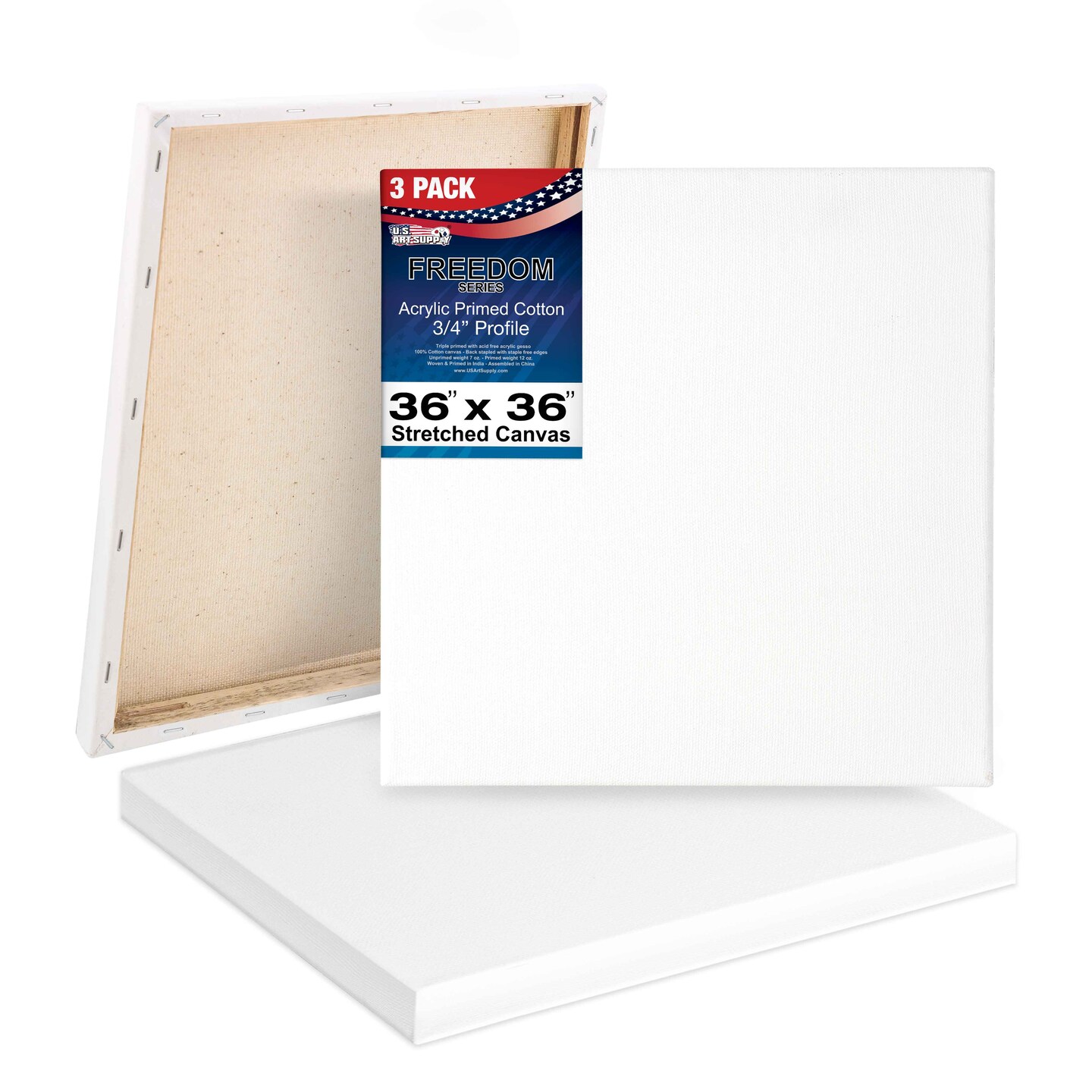 36 x 36 inch Stretched Canvas 12-Ounce Triple Primed, 3-Pack - Professional Artist Quality White Blank 3/4&#x22; Profile, 100% Cotton, Heavy-Weight Gesso