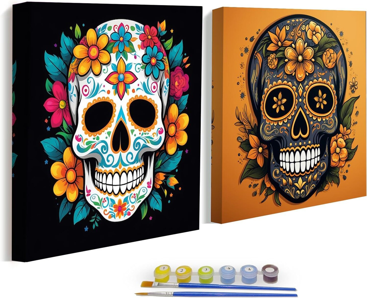 Skull Paint by Numbers Kit for Adults - 2 Pack Halloween Number Painting for Adults - Acrylic Easy Horror Skeleton Painting by Numbers with Frame - Adult Paint by Number Kits 8x8inch