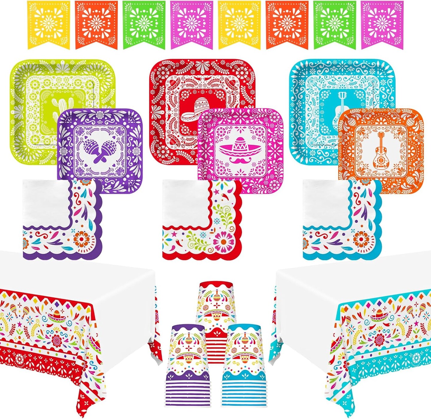 Fiesta Party Supplies Kit for 24 - Ultimate Celebration Pack Including Paper Plates, Napkins, Cups, Tablecloth & Banner | Ideal for Mexican Birthday, Taco, & Cinco de Mayo party Decorations