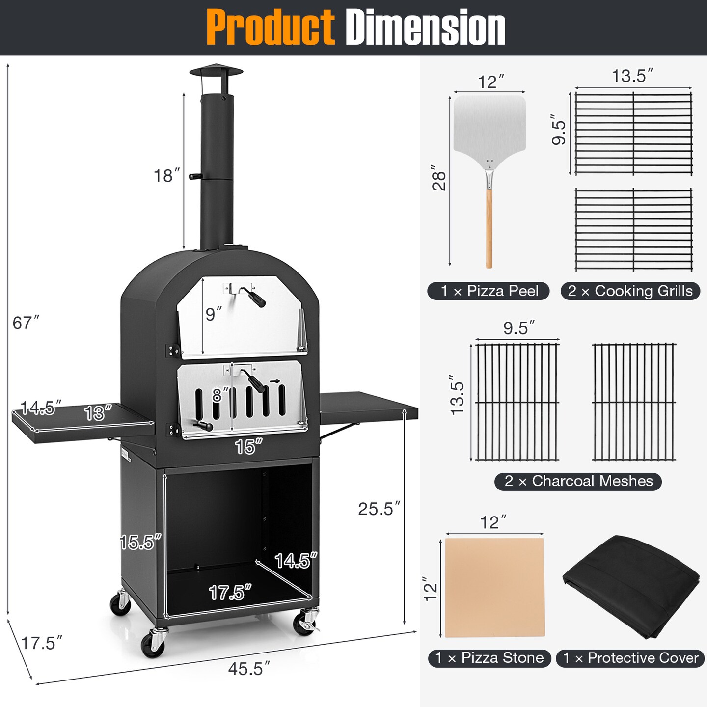 Outdoor Wood-Fired Pizza Oven with Wheels, Thermometer &#x26; Accessories