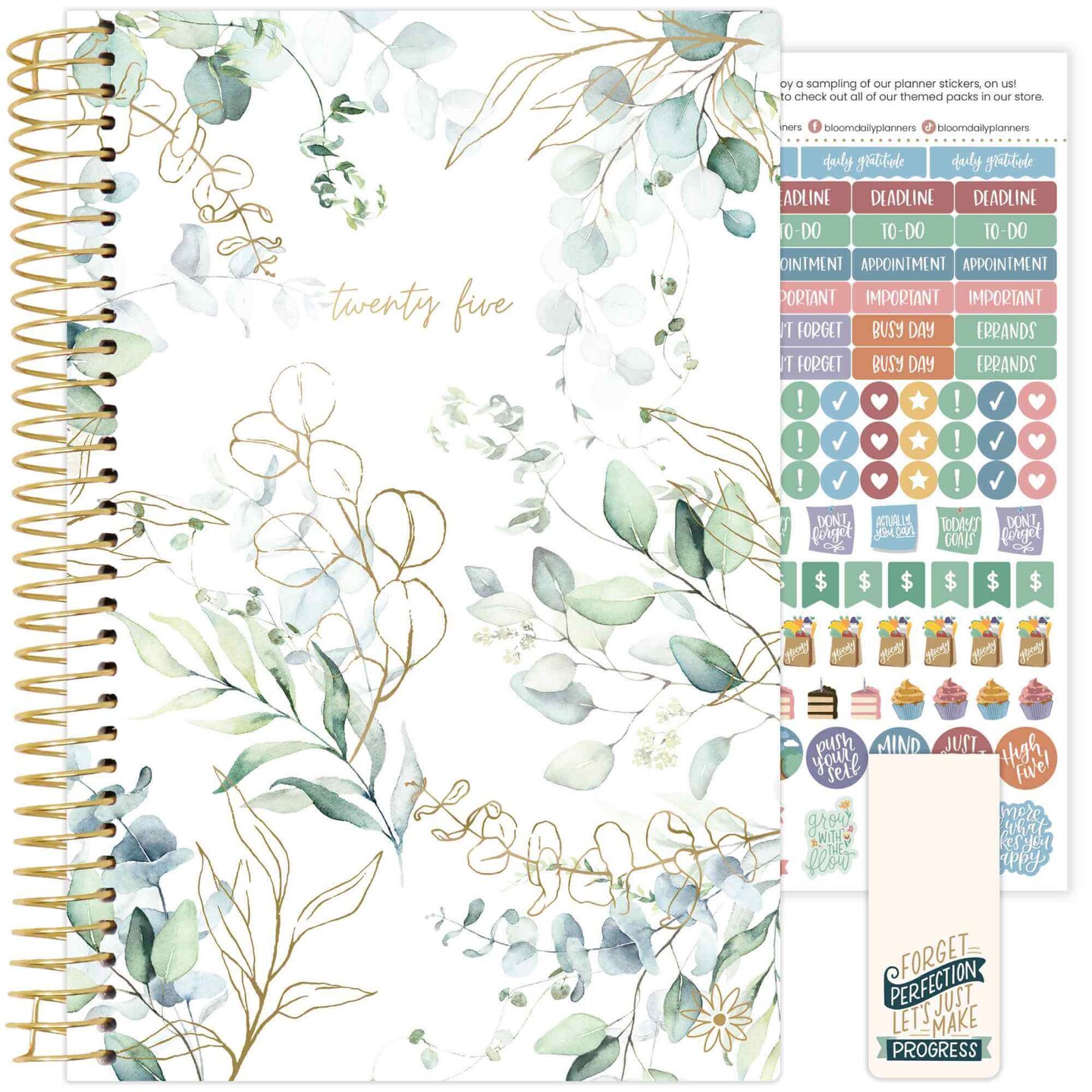 bloom daily planners 2025 Soft Cover Planner, 5.5&#x22; x 8.25&#x22;, Eucalyptus, White