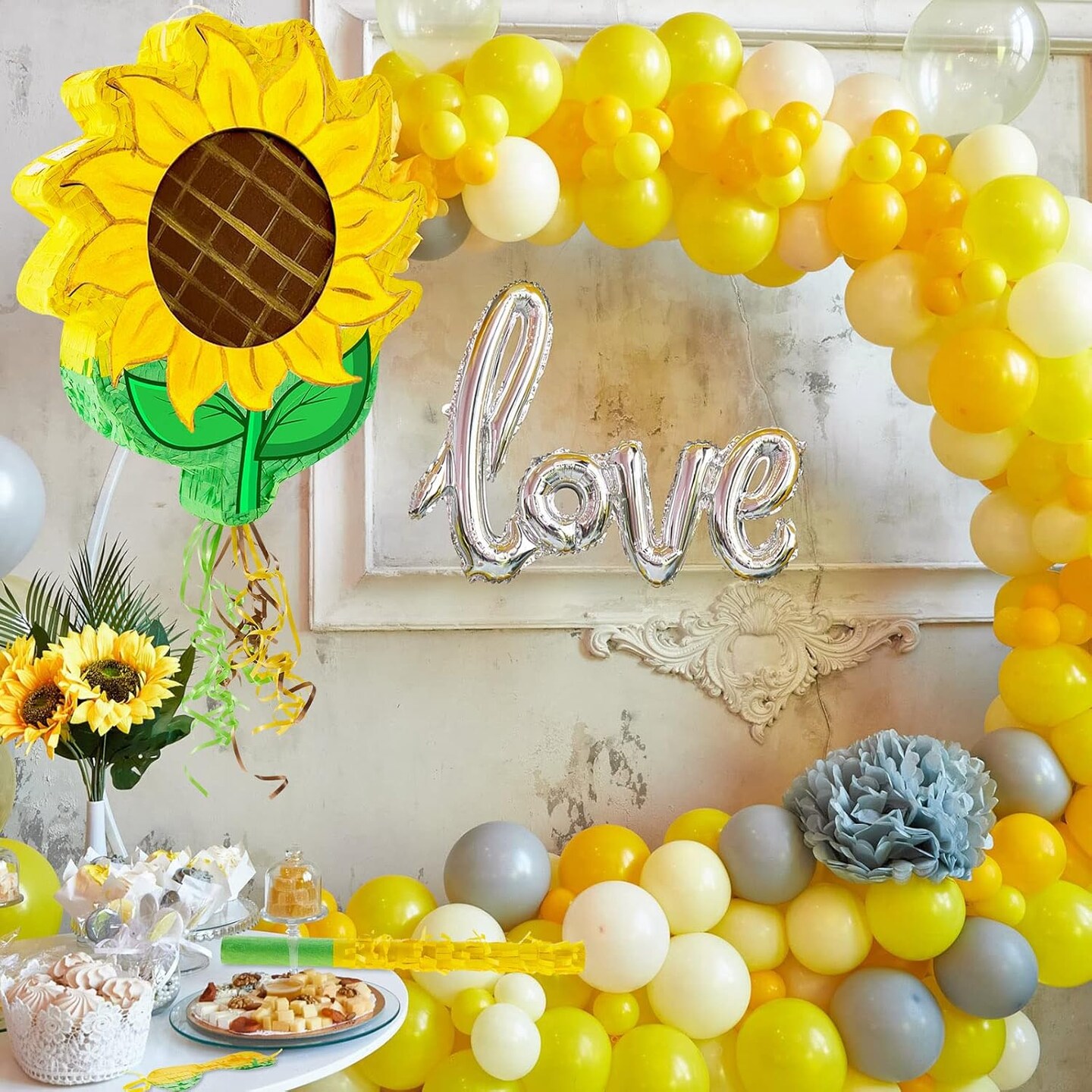 Sunflower Tea Pot Piñata for Birthday Party Colorful Piñata with Stick, Blindfold, Confetti