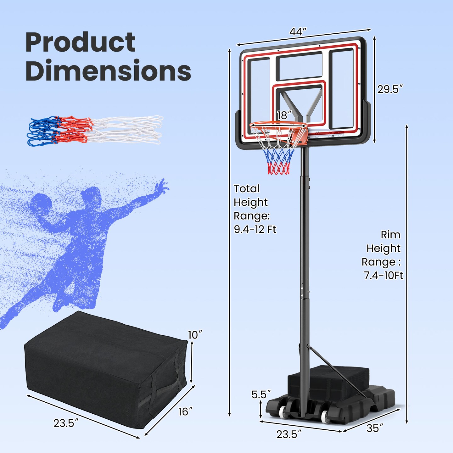 Portable Adjustable Basketball Hoop &#x2013; 7.4-10ft Height