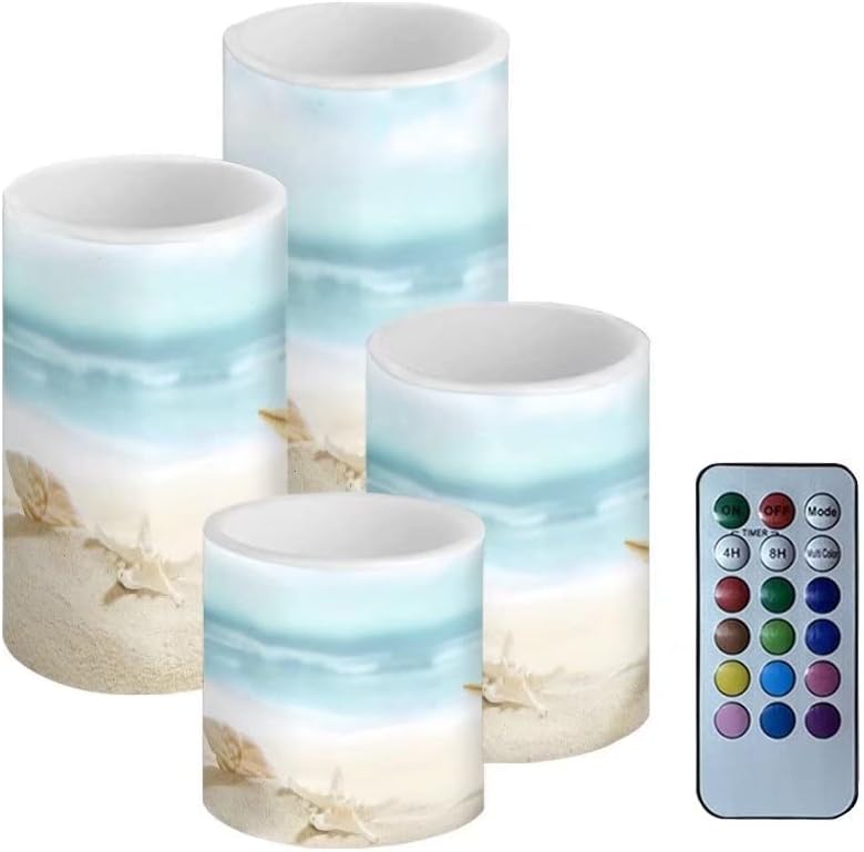 Beach Starfish Seashell Flameless LED Candles – 4-Piece Pillar Fake Candles with Colored Light, 4H/8H Timer, and Remote for Beach Party and Summer Deco