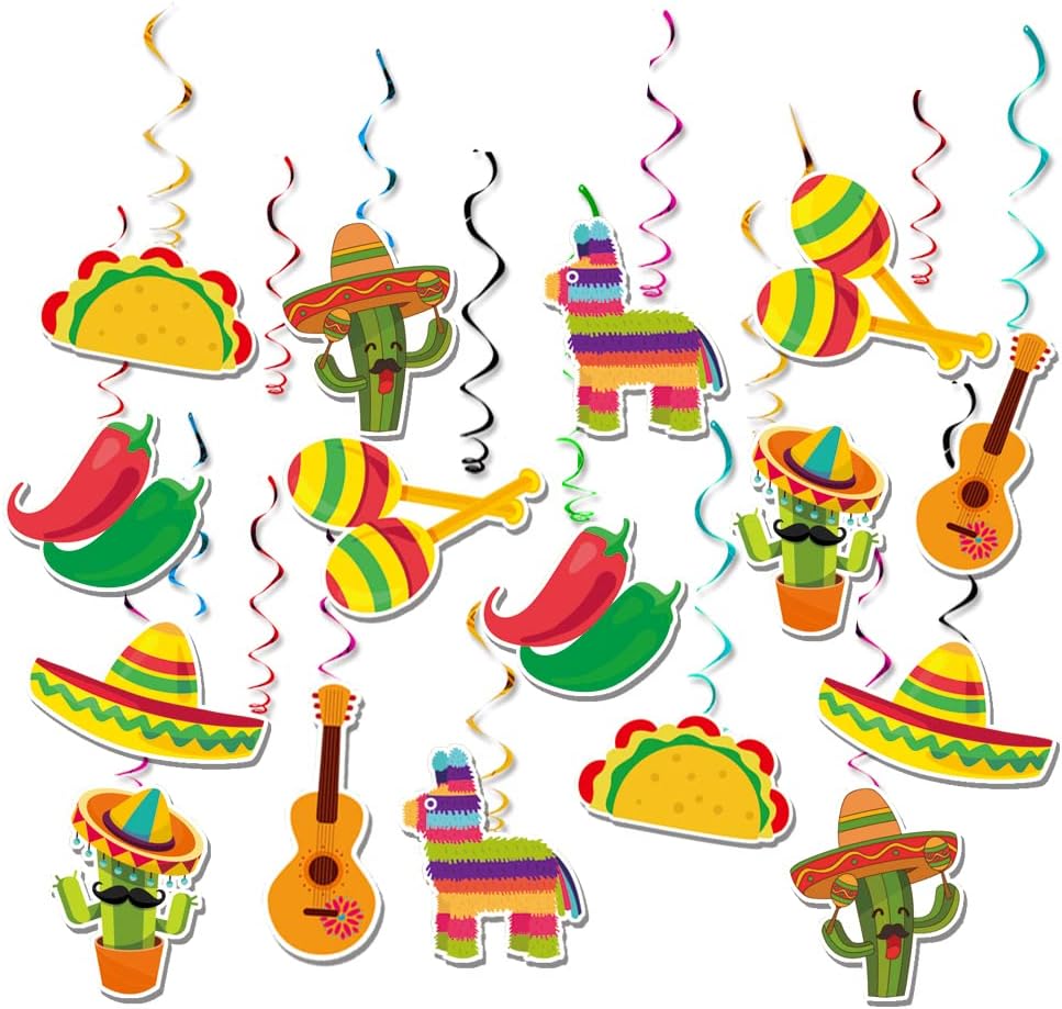32Pcs Mexican Fiesta Hanging Streamers Swirl Decorations - Taco Twosday Birthday, Cinco De Mayo Party Supplies - Taco Party Ceiling Hanging Decorations for Boys &#x26; Girls Showers