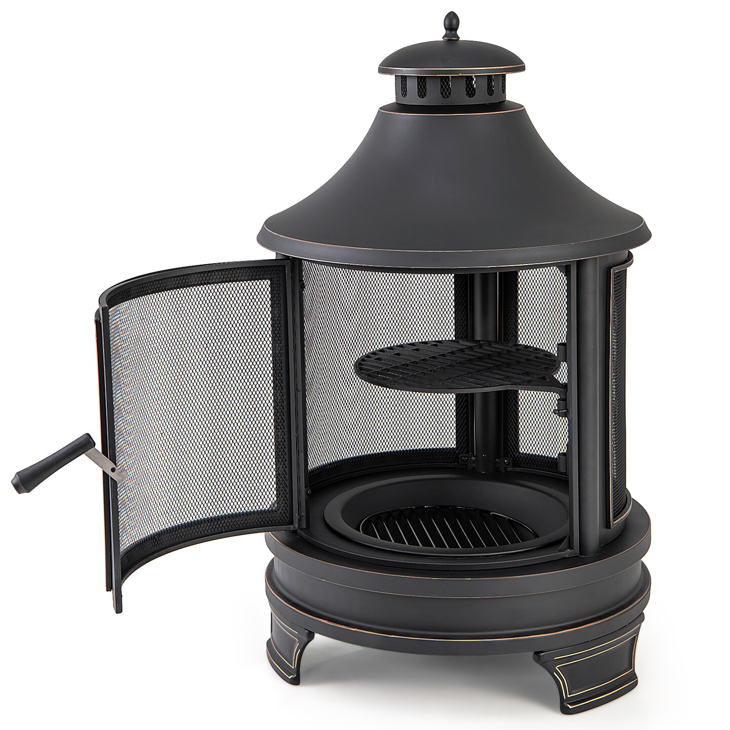 Black Metal Chiminea Fire Pit with Adjustable Grill, 2-in-1 BBQ and Outdoor Heater