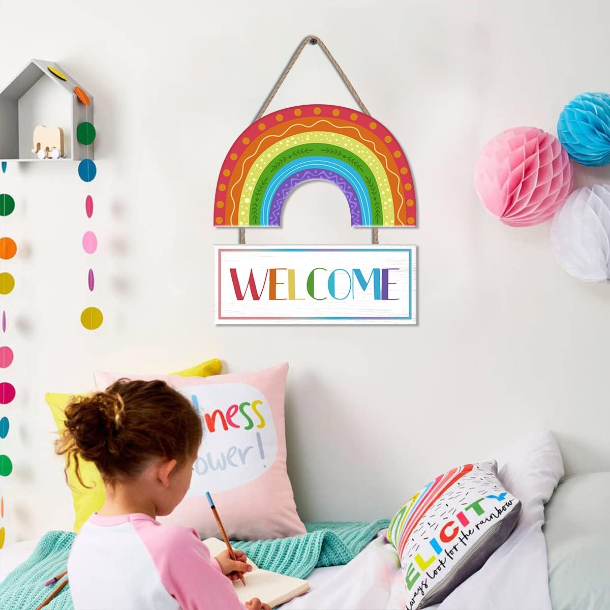 Rainbow Welcome Wooden Hanging Door Sign,Boho Rainbow Wall Decor,LGBT Pride Diversity Decorations,Back to School Sign,Colorful Wall Art For Bedroom Playroom Classroom Decor