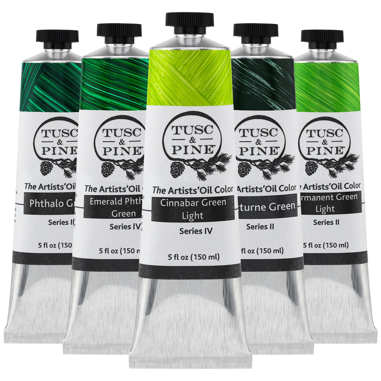Tusc &#x26; Pine Artist Oil Paint - Set of 5, 150 ml, Vibrant Greens, 750 ml of Non-Yellowing, Creamy Consistency, Maximum Pigment Load, Small Batch Oil Paints Made in the USA for Professional Artists