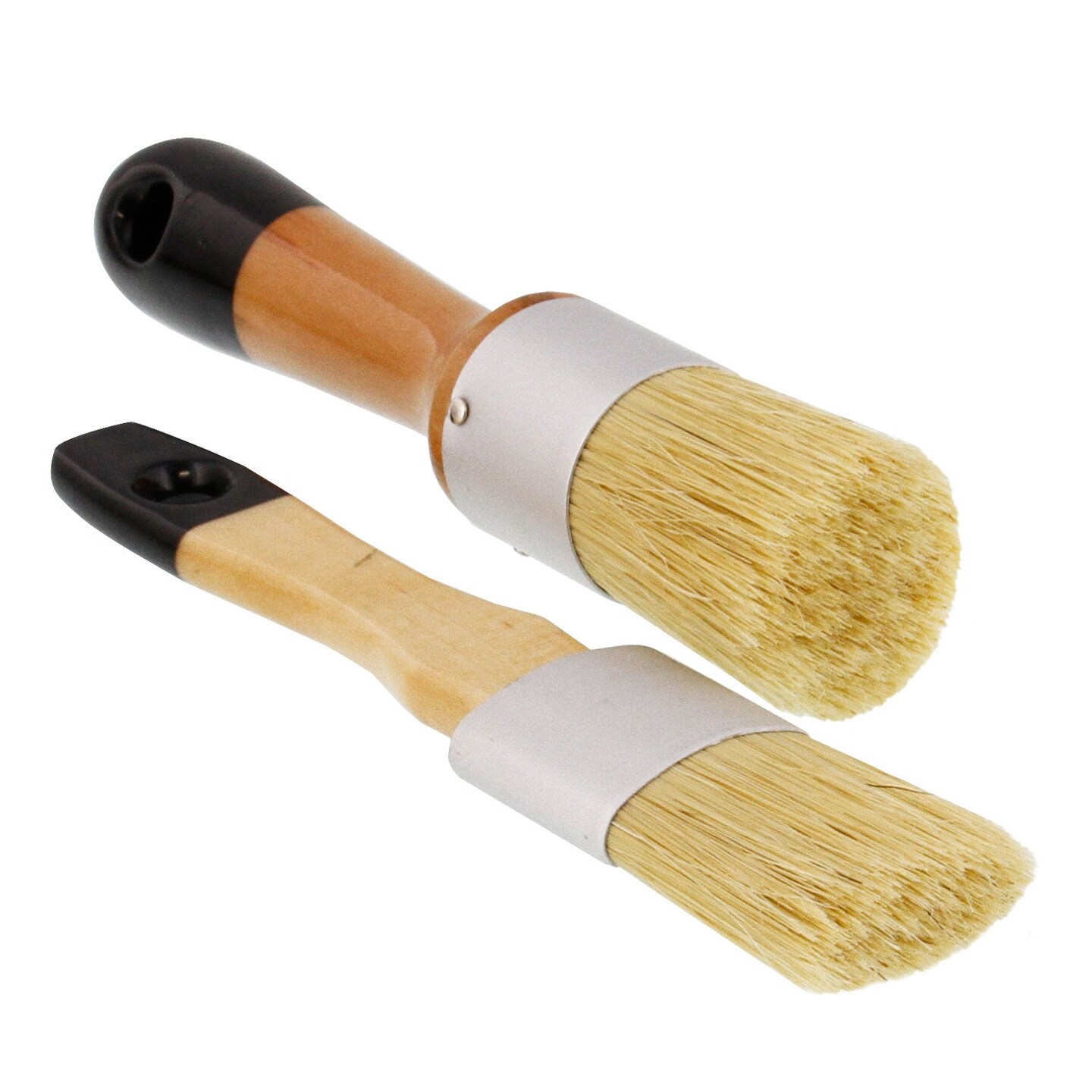 2-Piece Multi Use Oval &#x26; Round Chalk, Wax &#x26; Stencil Brushes for Chairs Dressers Cabinets &#x26; Other Wood Furniture, 100% Natural Bristles, Rust Resistant