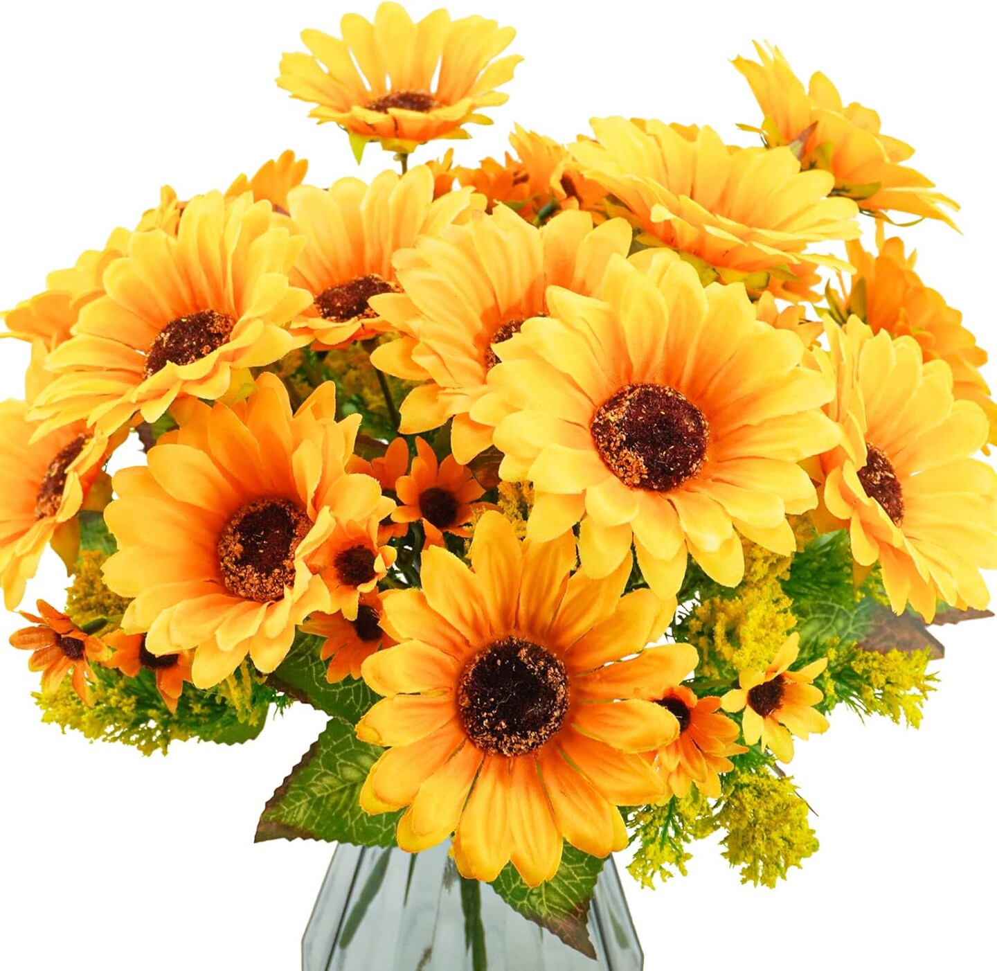 4PCS Summer Floral Arrangement Sunflowers Artificial Flowers, Fake Silk Flowers with 7 Stems for Indoor/Outdoor Home Centerpieces, Wedding Bouquet, Office DIY Décor (Orange Yellow)