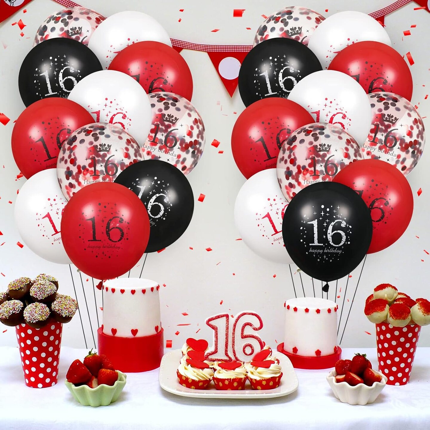 16th Birthday Balloons - 16Pcs Red &#x26; Black Latex Balloons for Girls &#x26; Boys - Happy 16th Birthday Party Decorations