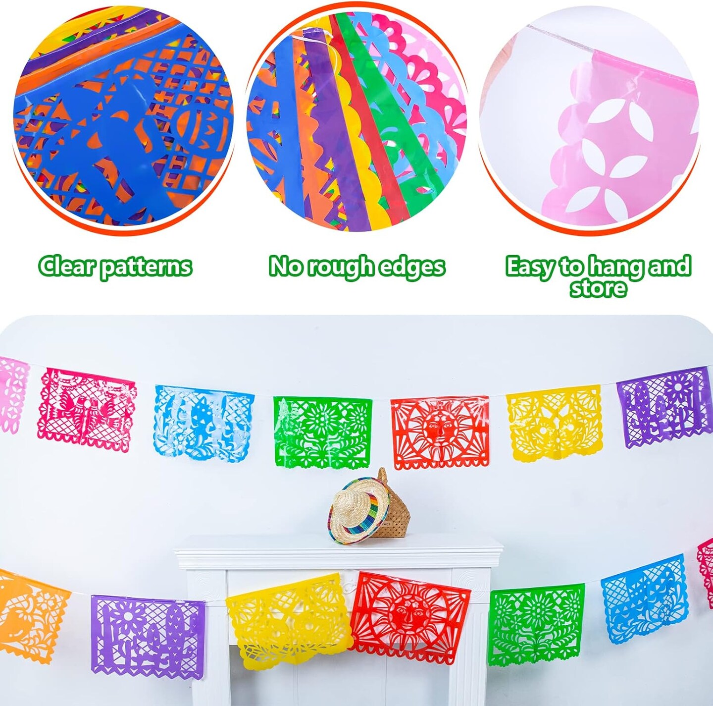 Mexican Party Decoration, 18 Feet Plastic Papel Picado Fiesta Banner Cinco de Mayo Decor Mexican Birthday Party