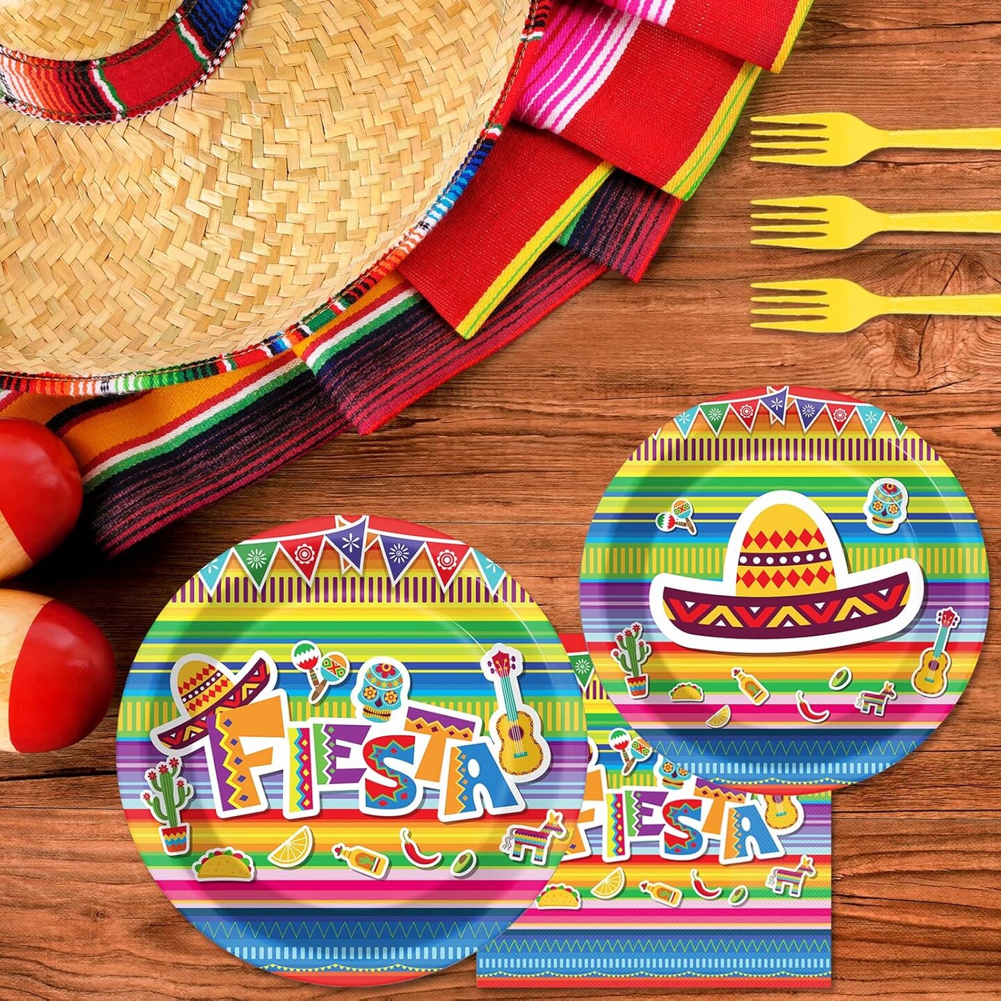 96 Pieces Fiesta Party Decorations Mexican Plates Tableware Set for Cinco De Mayo Party Decorations Supplies Mexican Themed Paper Dessert Plates Napkins Forks for 24 Guests Birthday Party Favors