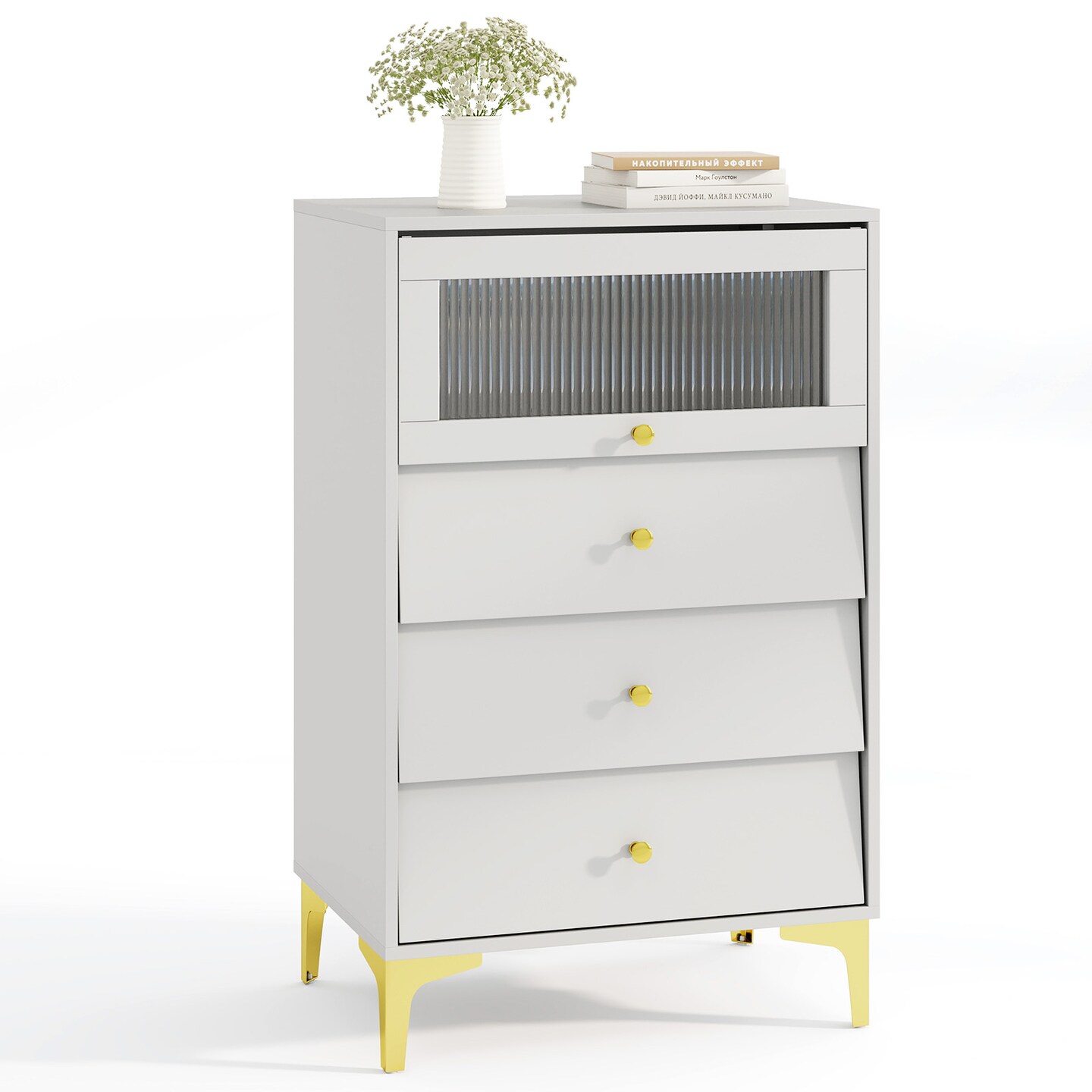 Grey &#x26; White Storage Cabinet with Fluted Glass Flip-Up Door and 3 Drawers