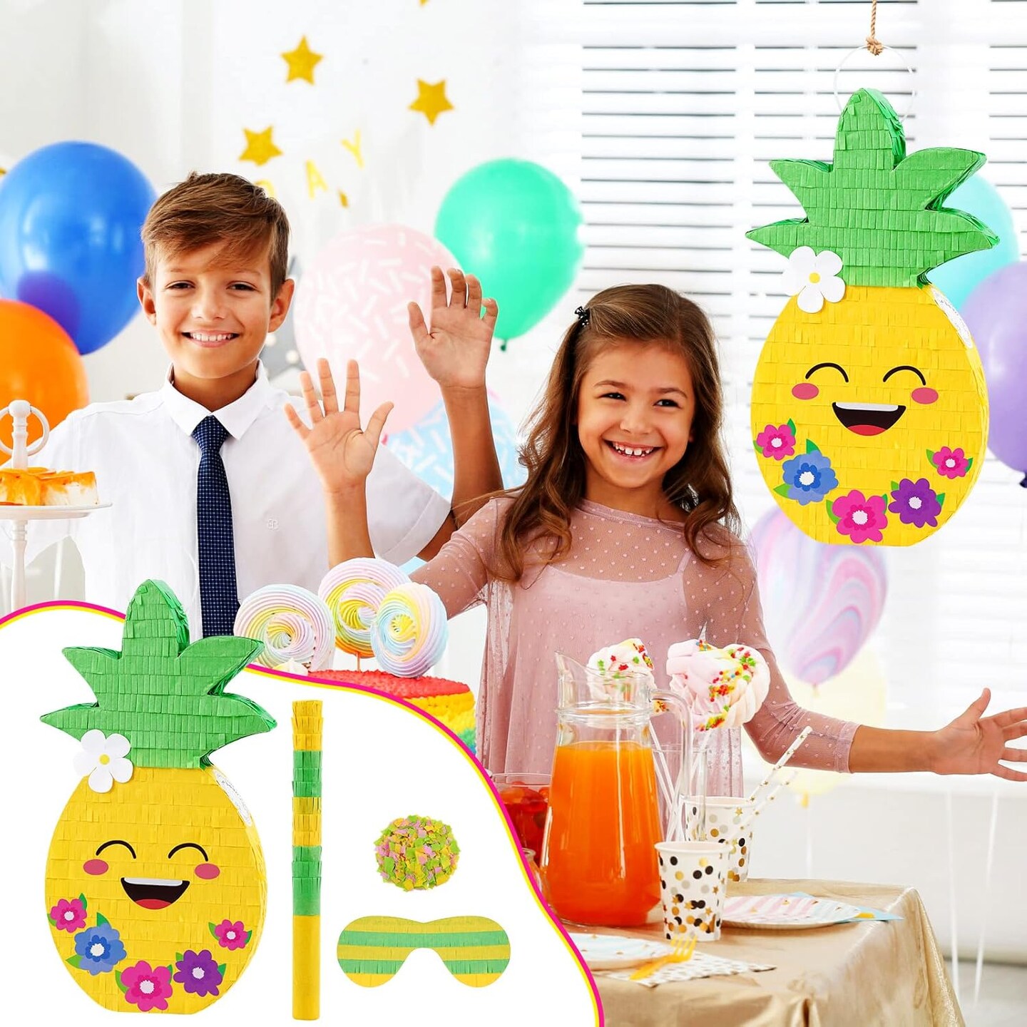 Small Pineapple Pinata for Hawaiian Luau Party Decorations Fruit Pinatas with Wooden Stake Paper Blindfold Colorful Confetti