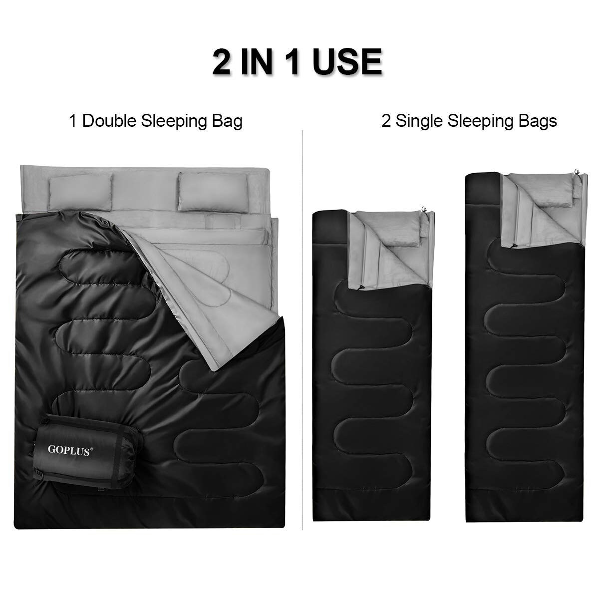Double Sleeping Bag with Pillows 2-in-1 Convertible Design, Waterproof & Warm