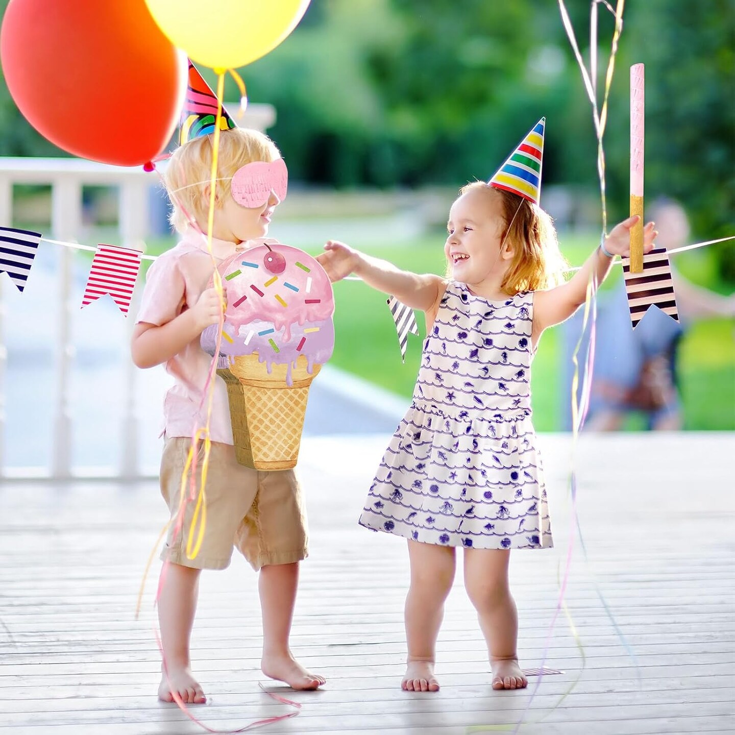 Pink Ice Cream Pi&#xF1;ata Cute Dessert Cone Shaped Pi&#xF1;ata with Stick Blindfold for Ice Cream Candy Birthday Party Summer Baby Shower Wedding Party Supplies Decor,