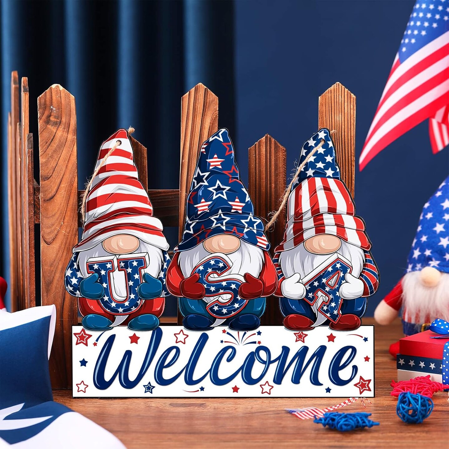 Patriotic Welcome Door Decor 4th of July Wooden Sign Red Blue White Retro Gnome Memorial Day Door Hanger Decoration for Independence Day Porch Wall Window