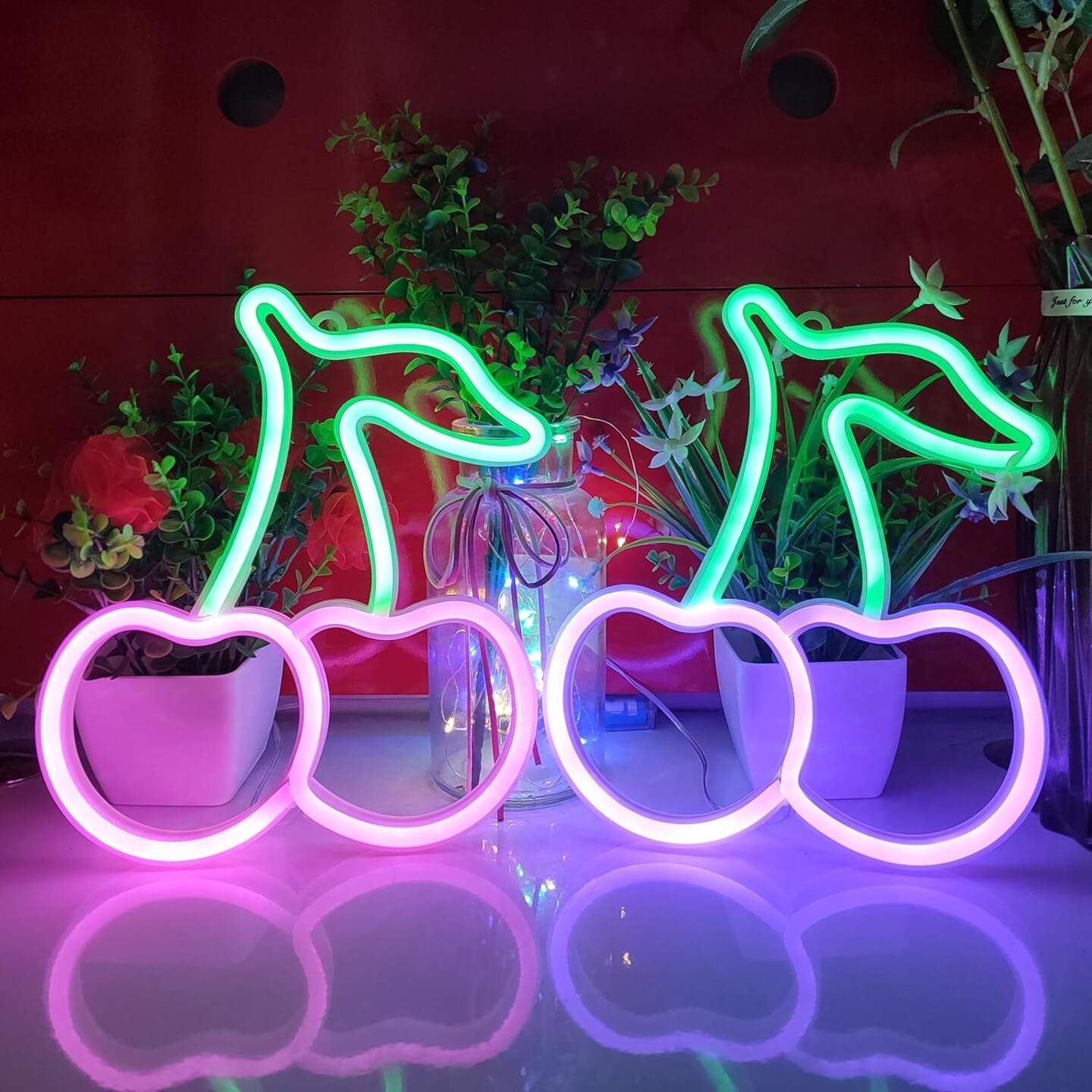 Summer Cherry Neon Sign, USB or 3-AA Battery Powered Neon Light, LED Table Decoration, Bedroom Wall Decoration, Birthday Gift, Wedding Supplies Business Gift (Green+Pink)