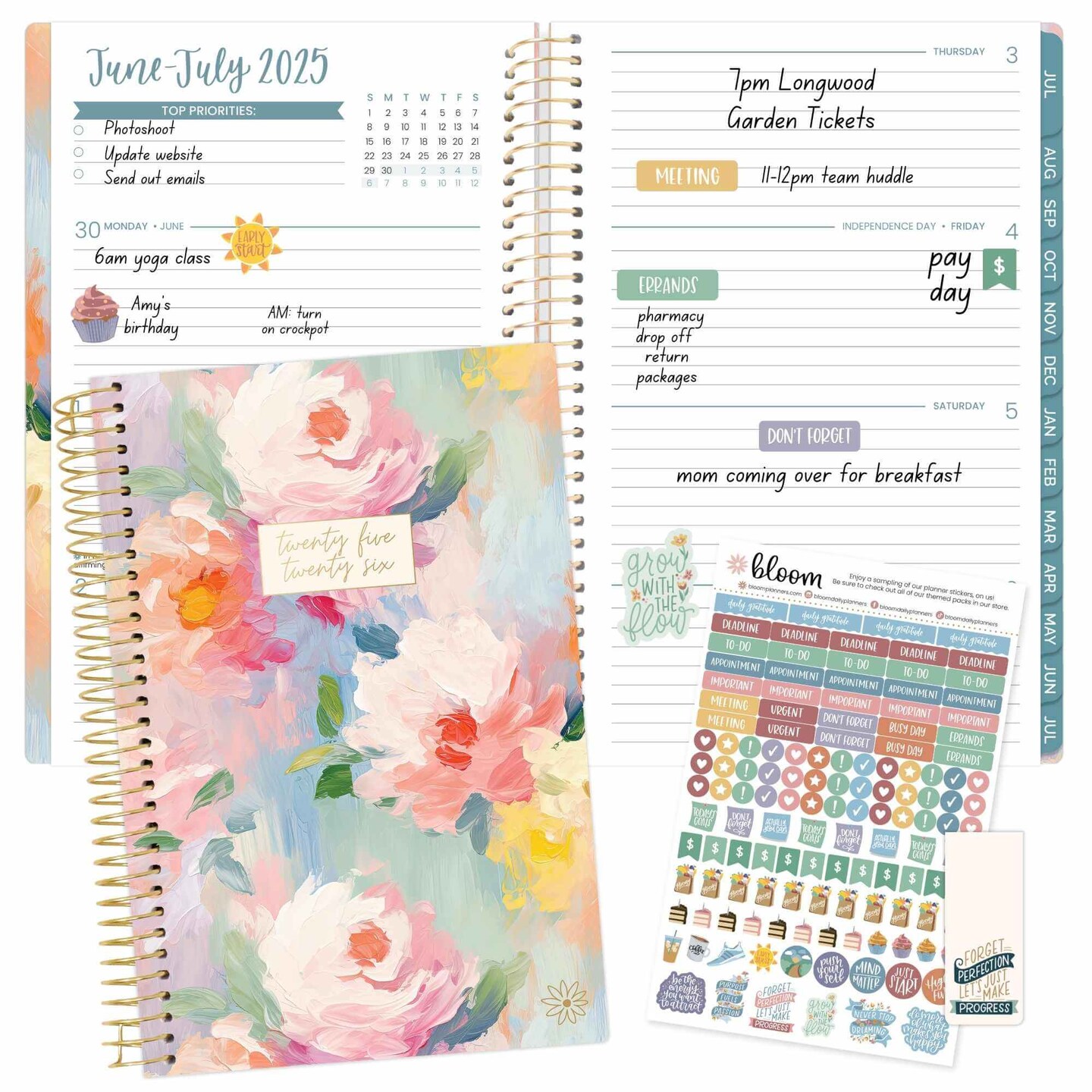 bloom daily planners 2025-26 Academic Planner, Soft Cover, 5.5&#x22; x 8.25&#x22;, Painted Peonies