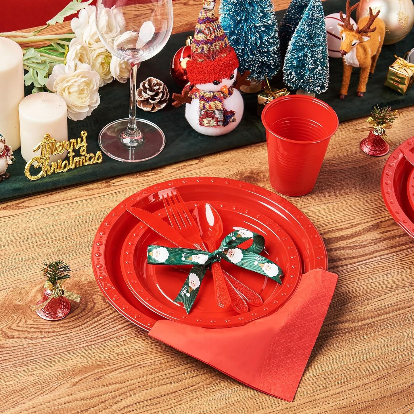 175 PCS Red Plastic Dinnerware Set Includes 50 Plates, 25 Cups, 25 Napkins, 25 Cutlery Spoons Forks &#x26; Knives, Disposable Dinnerware Set, Red Party Supplies Set