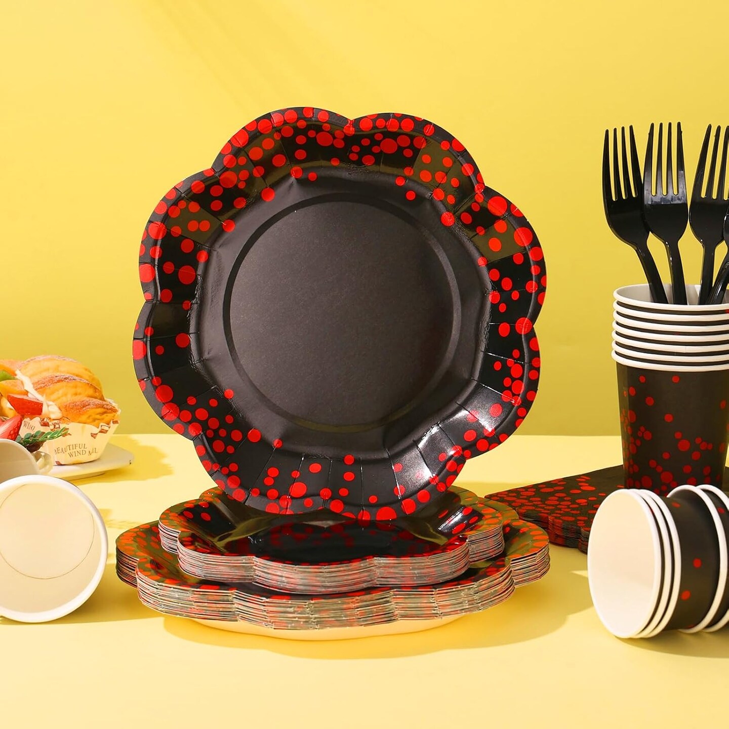 175PCS Red and Black Birthday Decorations,Red Dot on Black Party Plates and Napkins,Black Paper Plates for Birthday Baby Shower Wedding Anniversary Party Decorations,Serves 25