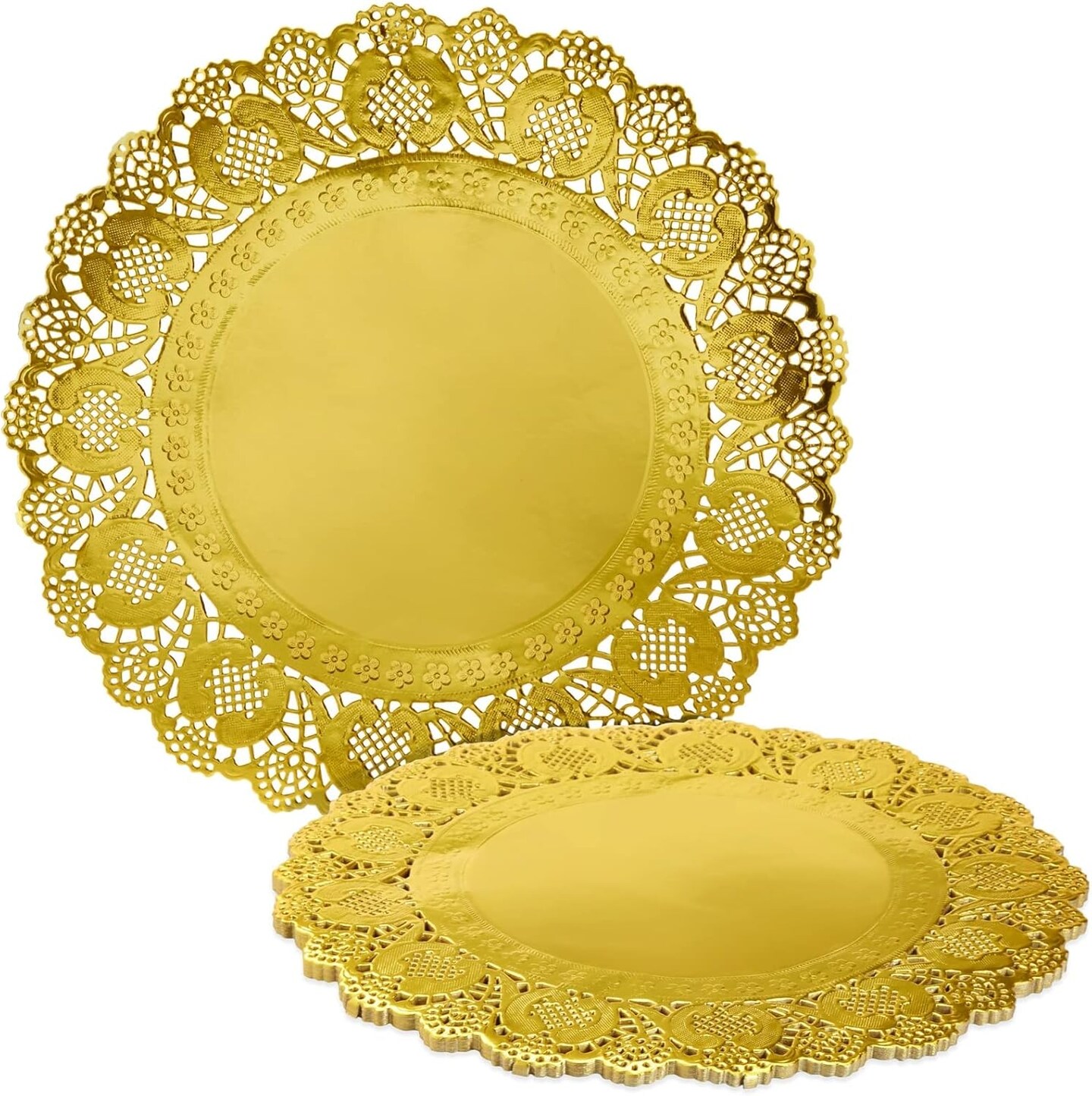 60 Pack Round Paper Placemats for Dining Table, Formal Events, Decorative Gold Lace Paper Doilies, Bulk Disposable Charger Plates for Cakes, Desserts, and Baked Goods (12 in)