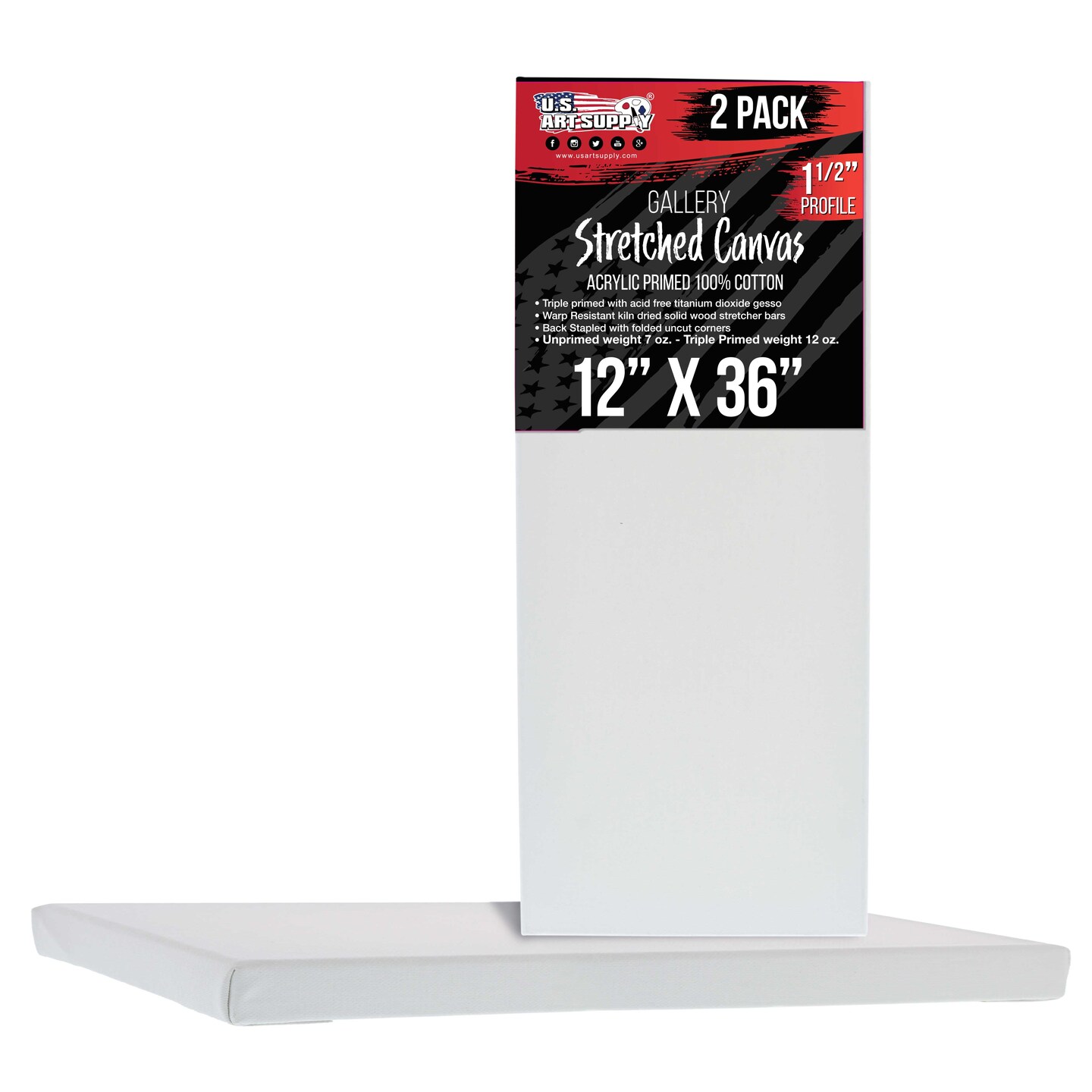 Medium Stretched Canvas for Painting 12x36 inch Gallery Depth 1-1/2&#x22; Thick, 2-Pack - 12oz Acrylic Gesso Triple Primed, Professional Artist Quality, 100% Cotton - Oil, Pouring Paint