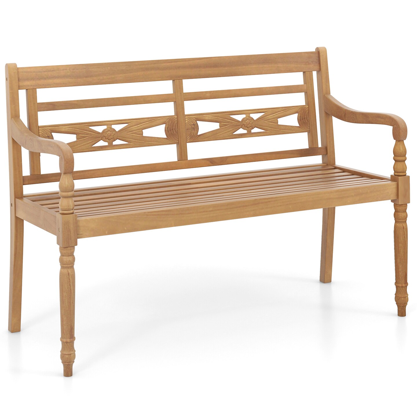 Natural Teak Wood Patio Bench with Wide Backrest and Curved Armrests Ideal for 2 Seats