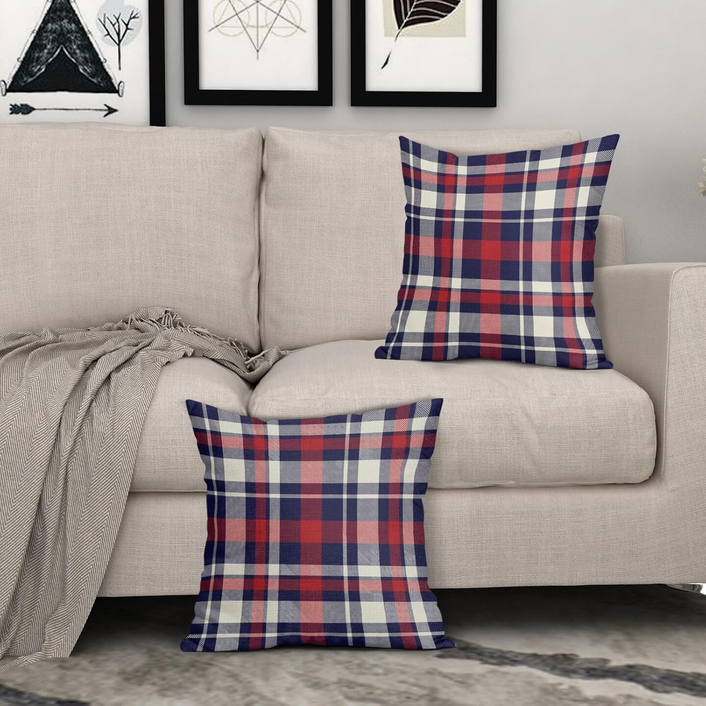 4th of July Patriotic Pillow Covers 18x18 Inch Set of 2 Blue Red Buffalo Plaid Decorative Throw Pillow Cases for Bedroom