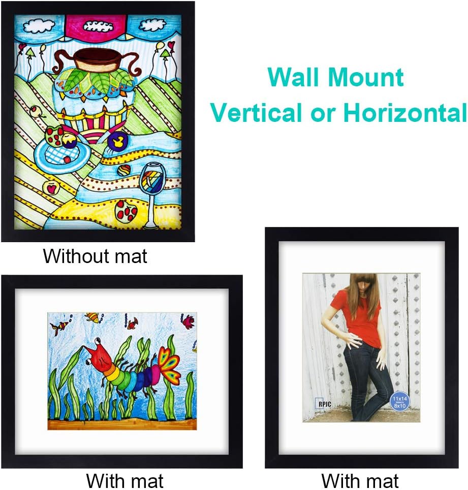 11 x 14 Picture Frames Made of Solid Wood and High Definition Glass Display Pictures 8x10 with Mat or 11x14 Without Mat for Wall Mounting Photo Frames Black