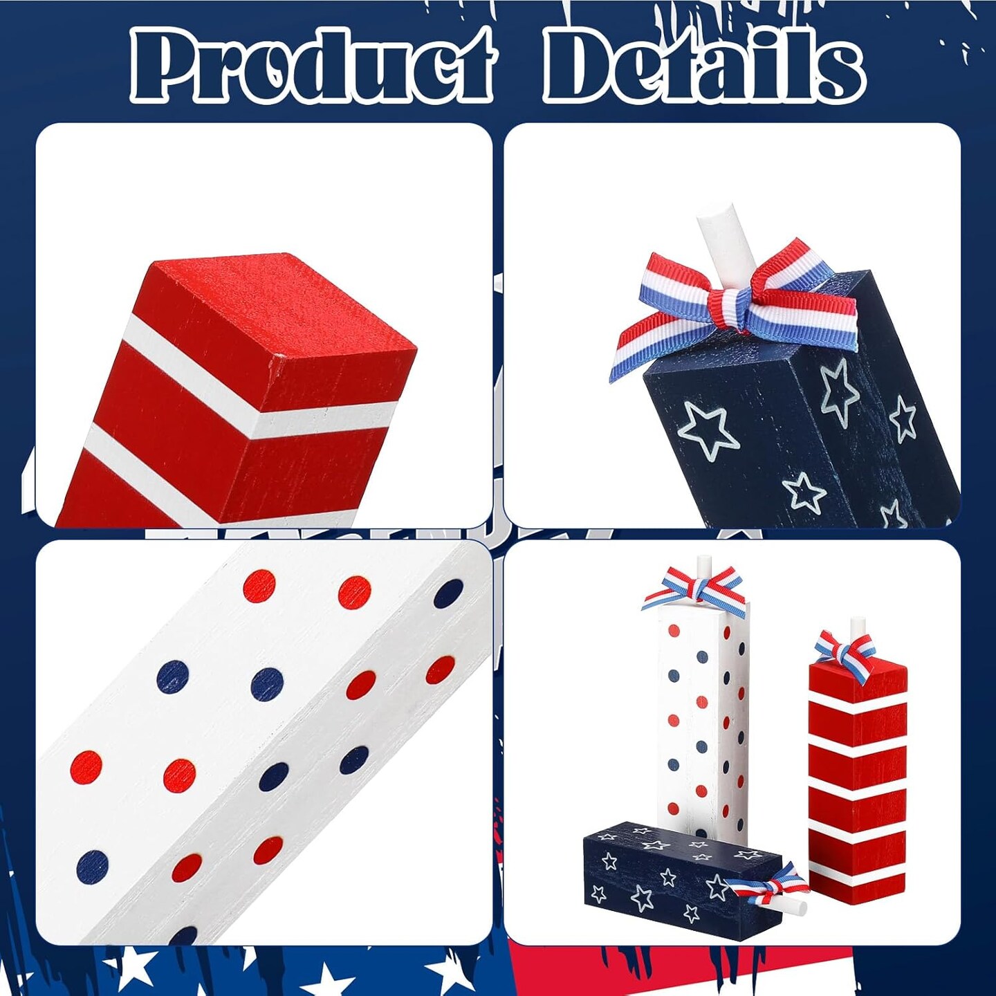 3 Pcs Patriotic Wooden Block Sign Memorial Day Decorations 4th of July Table Decor Red White Blue Tabletop Centerpieces Independence Day Tiered Tray Decor for Home Shelf(Rustic Style)