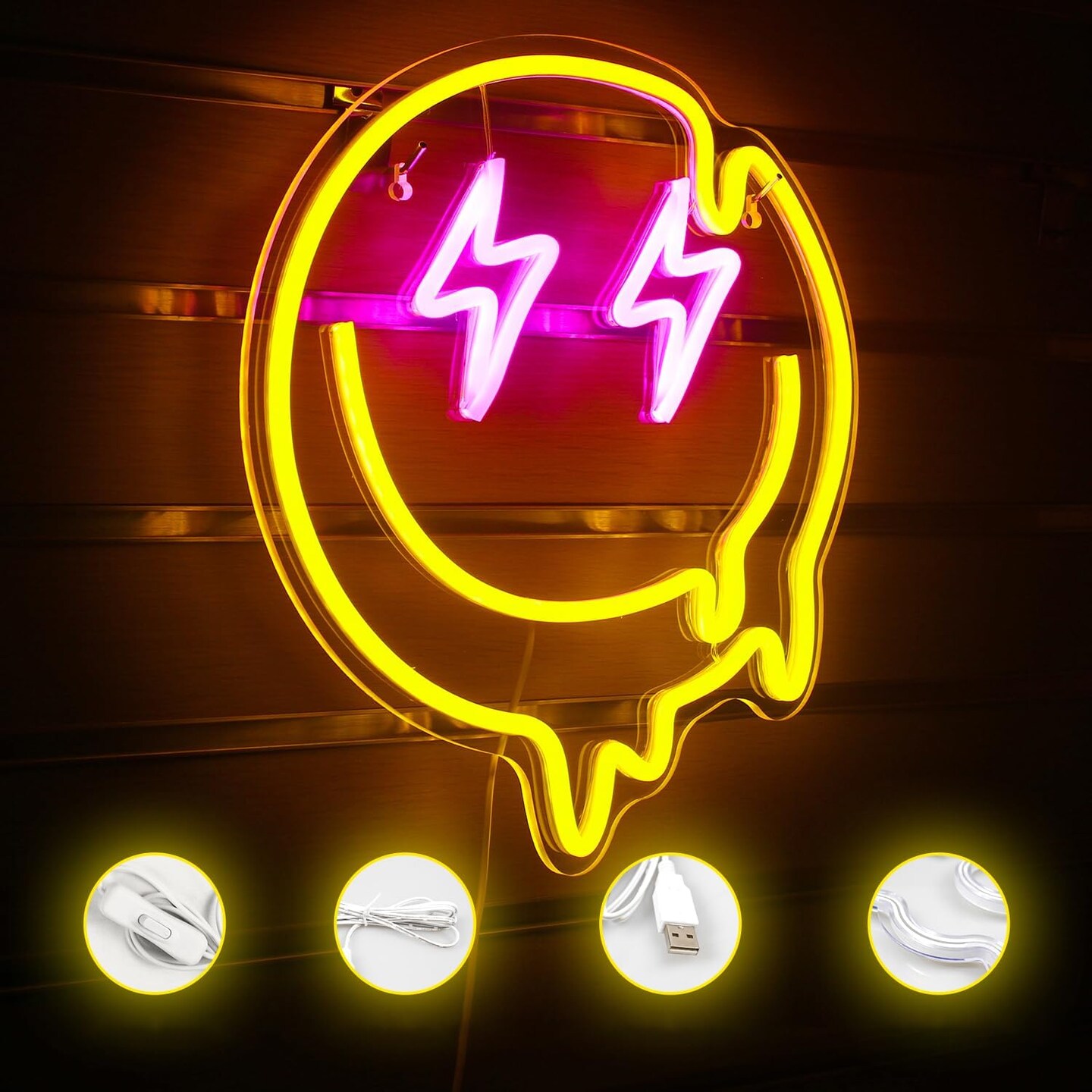 Summer LED Smile Faces Neon Light Signs, USB Powered for Wall Bedroom Kids Room, Holiday Party Decoration Gifts (Yellow)