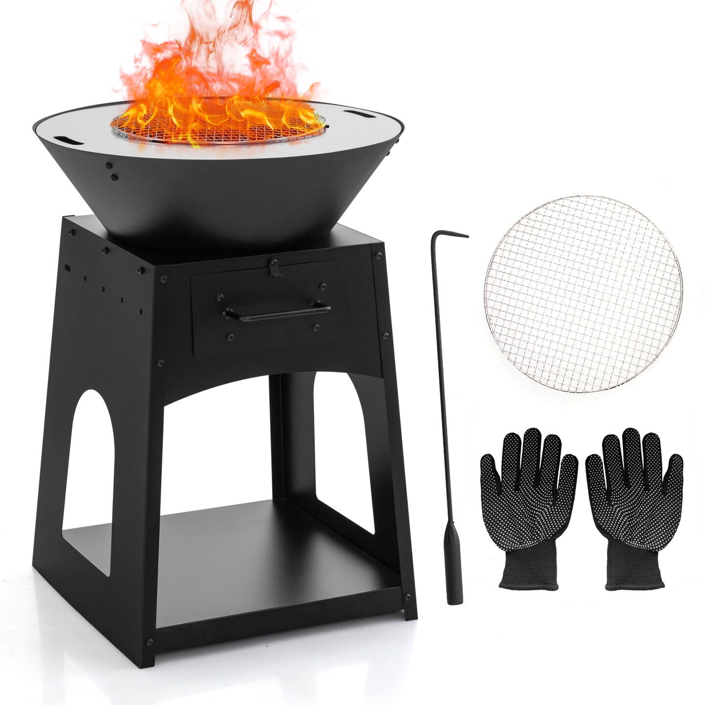 Black Metal Fire Pit with Grill and Ash Drawer and 2-in-1 Heating