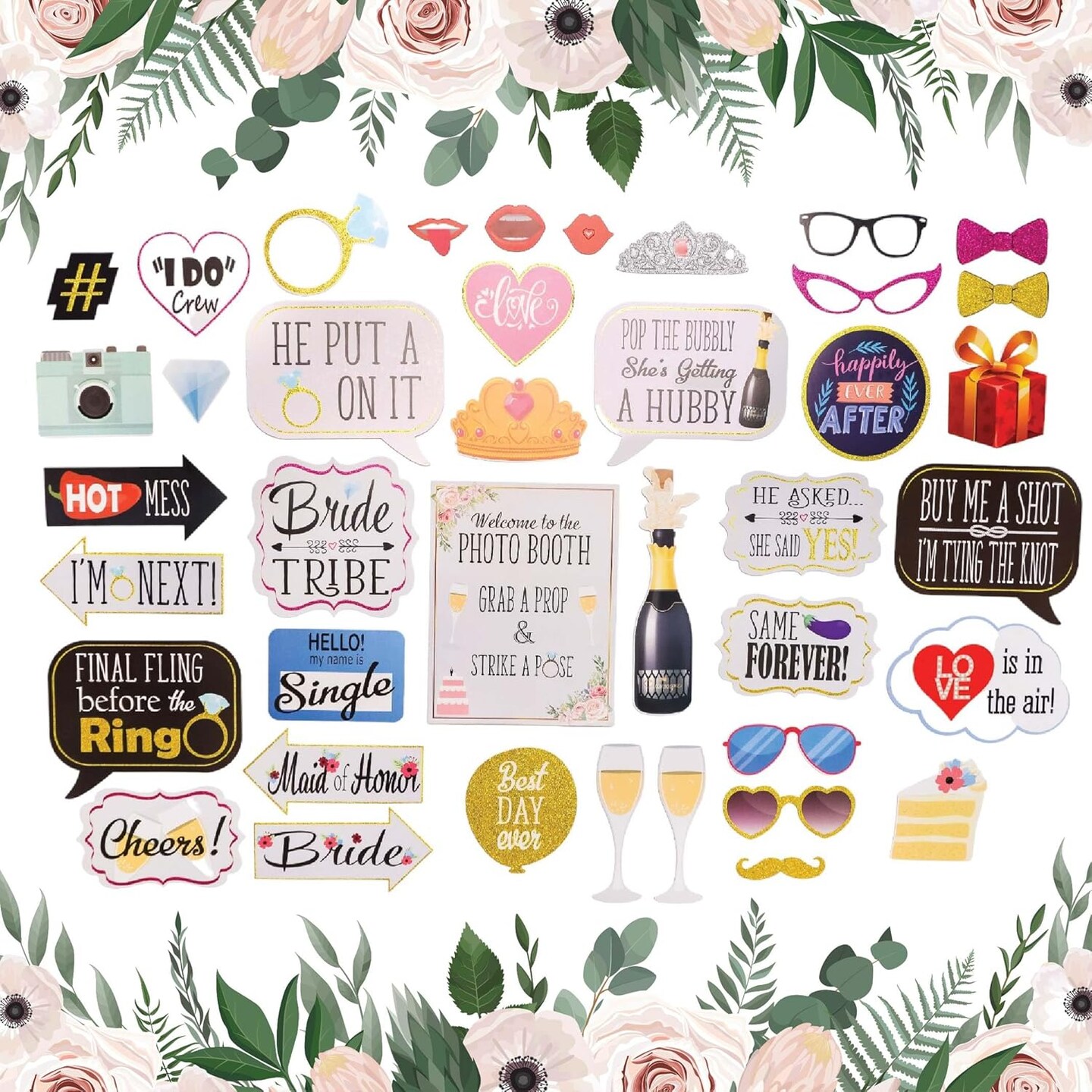 Photo Booth Props - 41-pc Photo Booth Kit with 8 x 10-Inch Sign, 60 Adhesive Pads, 45 Sticks - Team Bride Photo Booth Props - Bachelorette Props Photo Booth