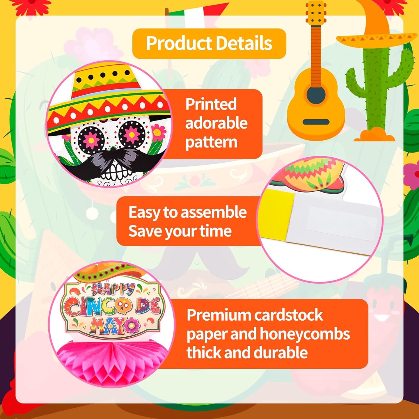 9 Pieces Cinco de Mayo Festival Honeycomb Centerpieces Table Decor, Mexican Fiesta Vibrant Cactus, Pi&#xF1;ata, Taco and Sombrero Pattern Table Topper Ornaments Signs, Holiday Party Decorations