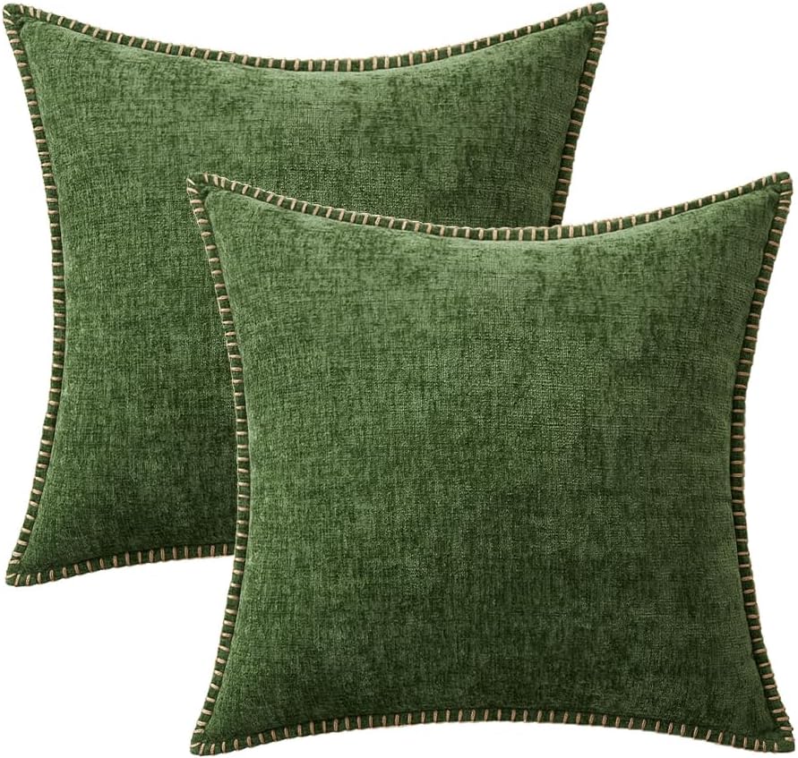 Pack of 2 Pillow Covers 18x18 Inch Moss Green Farmhouse Decorative Throw Pillow Covers with Stitched Edge Soft Chenille Solid Dyed Couch Pillow Covers for Sofa Bed Living Room