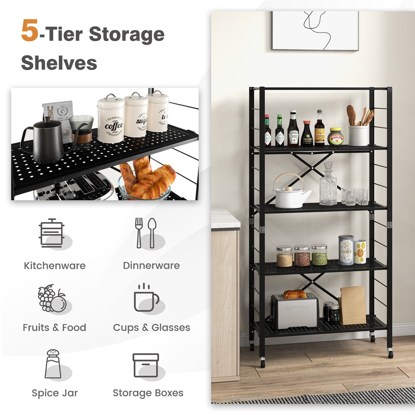 Black Metal Folding Storage Rack, Adjustable 5-Tier Shelf with Wheels