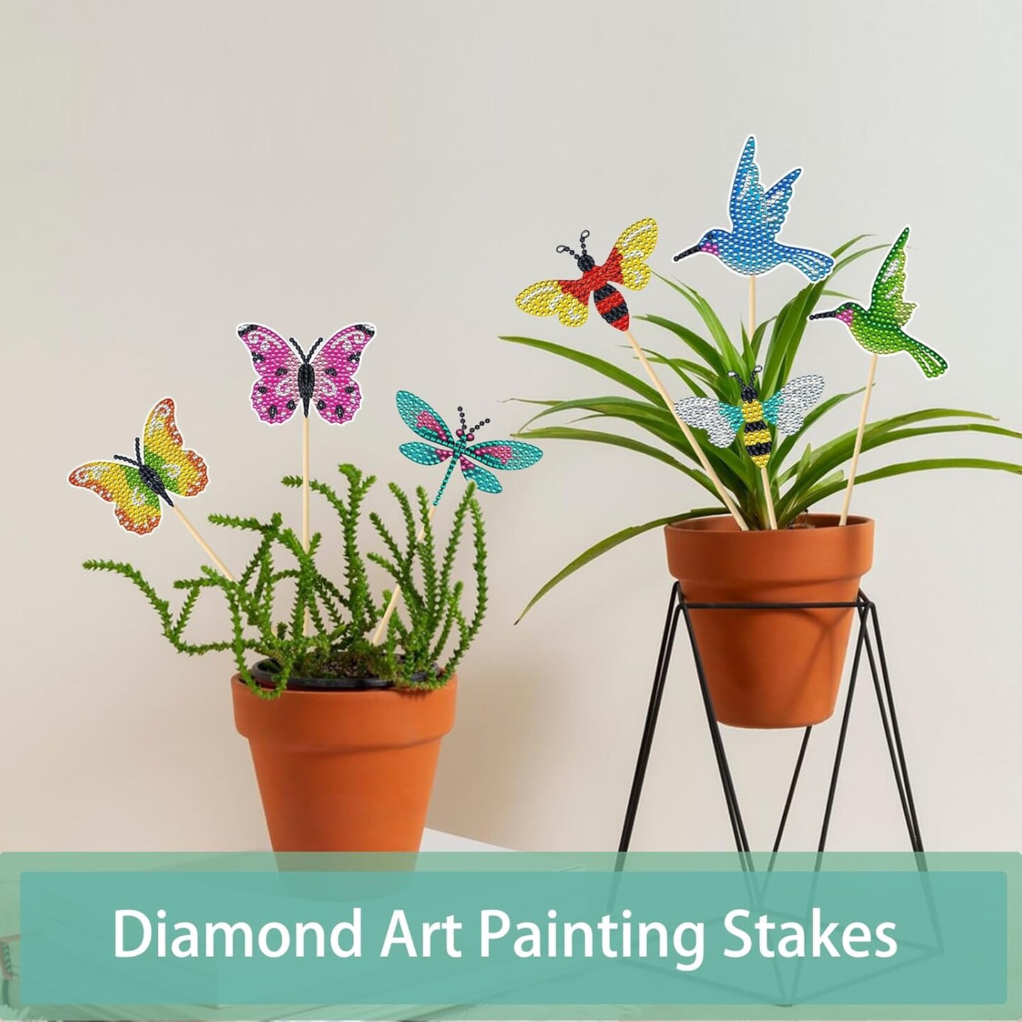 8 Pcs Butterfly Diamond Painting Kits for Adults Hummingbird Small Diamond Art Kits for Garden Decor Butterfly Bee Diamond Painting Garden Stakes Kits Crafts for Adults