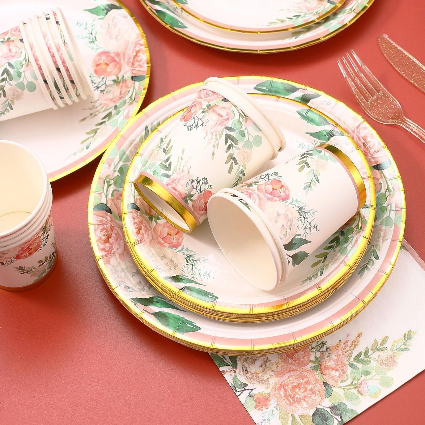 Floral Party Supplies – Bridal Shower Paper Plates & Napkins Set for 24 Guests, Disposable Dinnerware Kit with Plates, Cups & Cutlery for Baby Shower or Tea Party