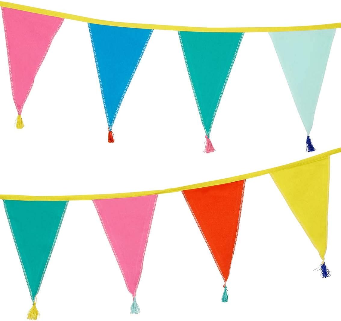Fabric Rainbow Bunting with Tassels - 10ft | Triangle Flag Pennant Garland, 100% Cotton, Home D&#xE9;cor, Indoor Outdoor Birthday Party Decorations