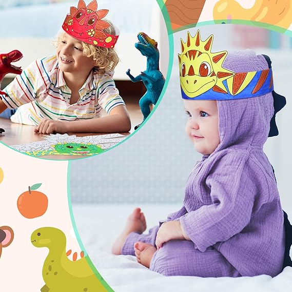 24 Pcs Color Your Own Dinosaur Crown for Kids Dino Coloring Paper Crown for Birthday Party Hats Dinosaur Theme Family Events Party Theme Events Sunday School Activities
