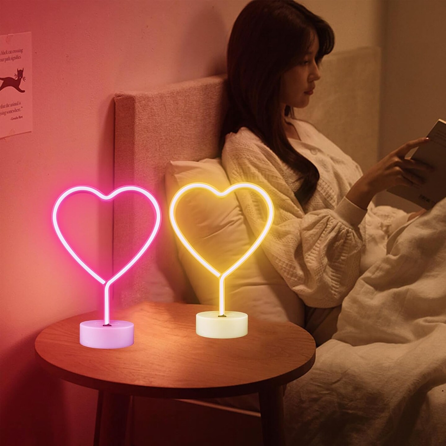 2 Pack Heart Neon Signs, Pink LED Neon Light and Warm White Battery Operated or USB Powered Decoration Lamp for Summer Home Decor