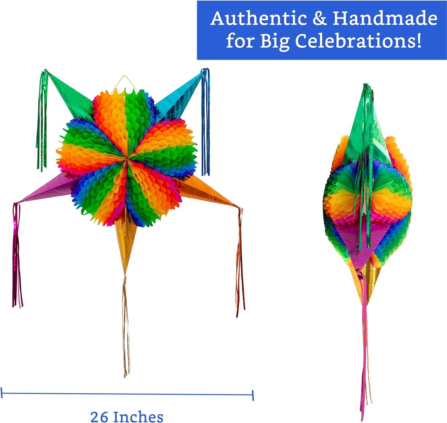 Mexican Piñata (Medium 26 inches) - Rainbow Piniata - Authentic Handmade Foldable Large Pinata for Birthday Party - Piñatas para Cumpleaños - Mexican Star Pinata - Cinco de Mayo Pinatas