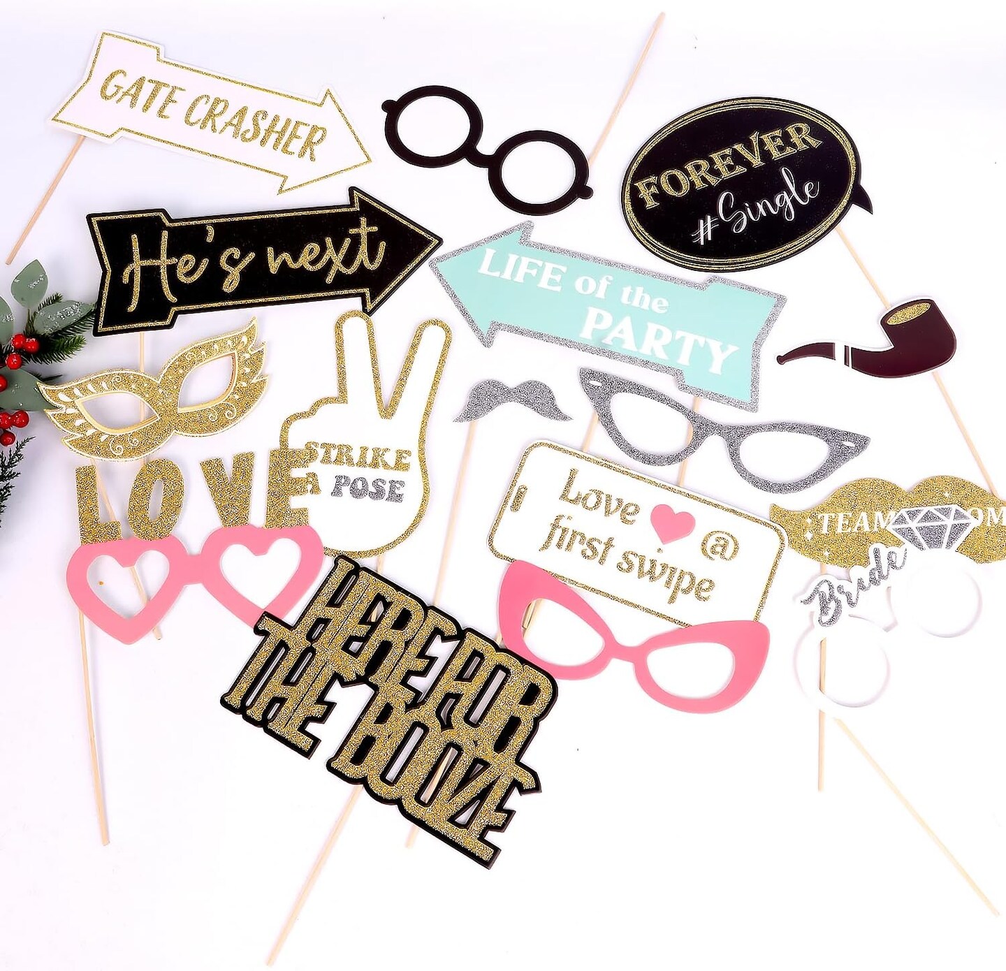 60PCs Pastel Themed Wedding Photo Booth Props - Pre-Assembled - Elegant Wedding & Reception Party Props - Funny Props - Real Glitter - Bridal PhotoBooth