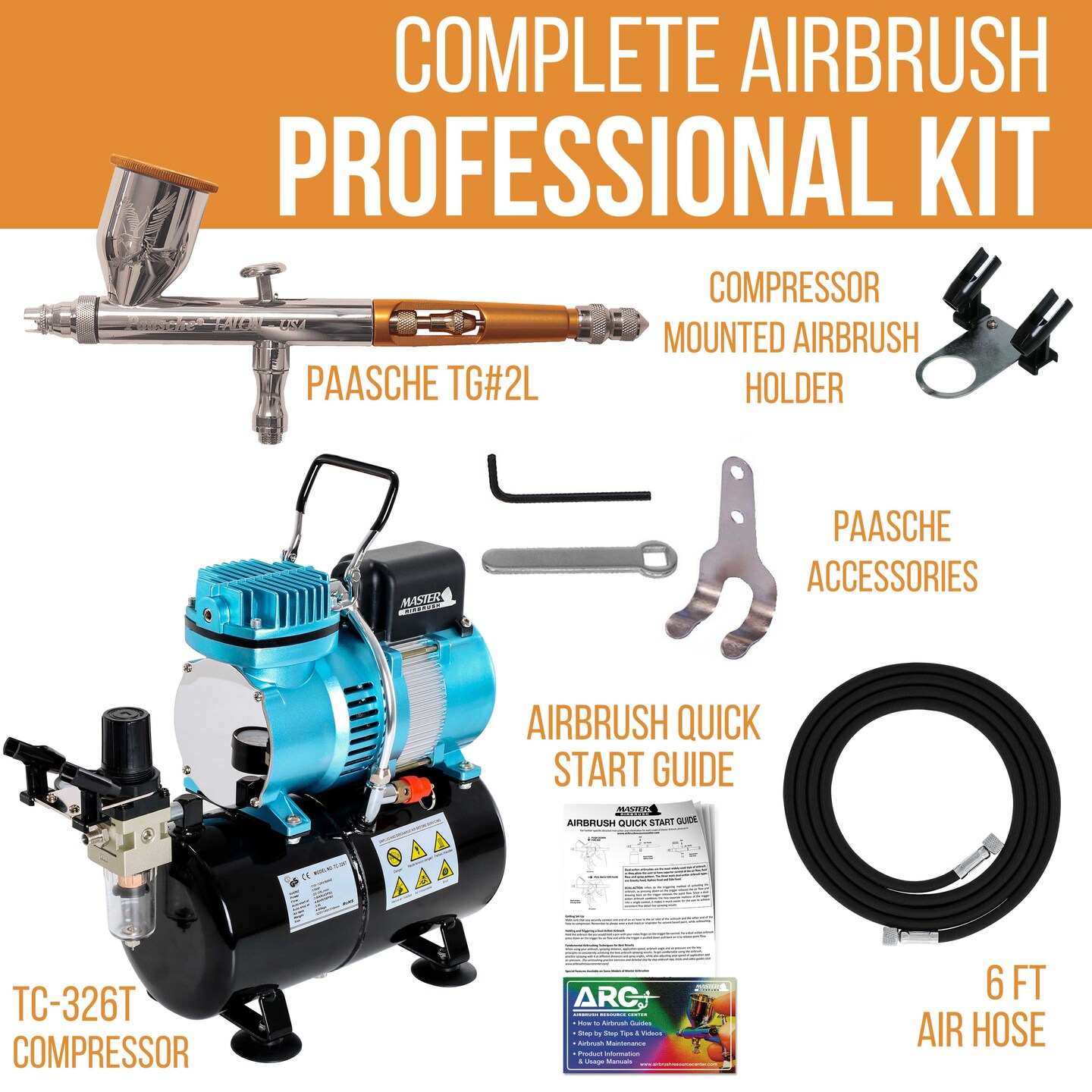Talon TG Series Dual-Action Gravity Feed Airbrush Kit with Compressor with Air Storage Tank and Air Regulator with Gauge &#x26; Air Hose