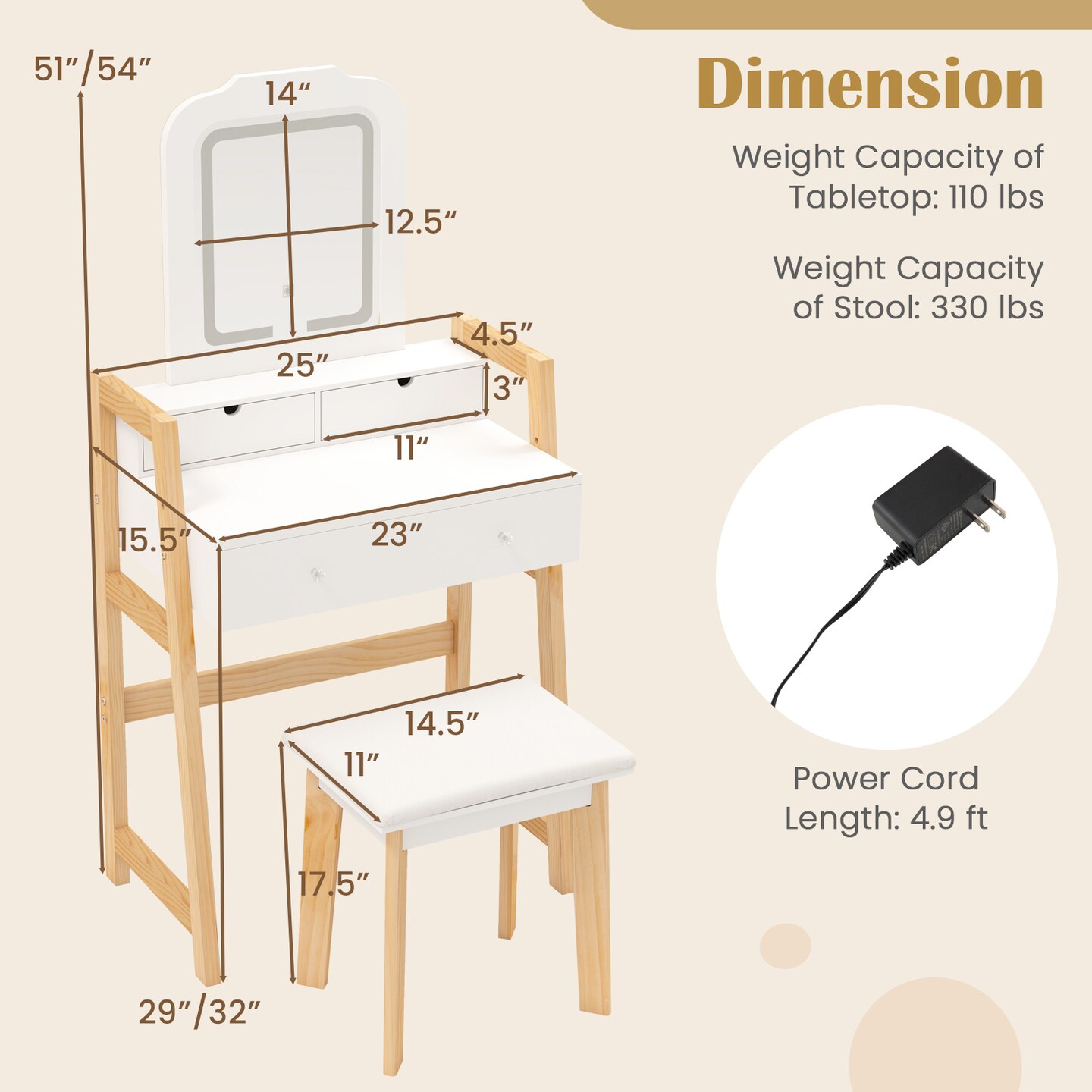 White Adjustable Height Vanity Desk Set with 3-Color LED Lighted Mirror and Storage Drawers
