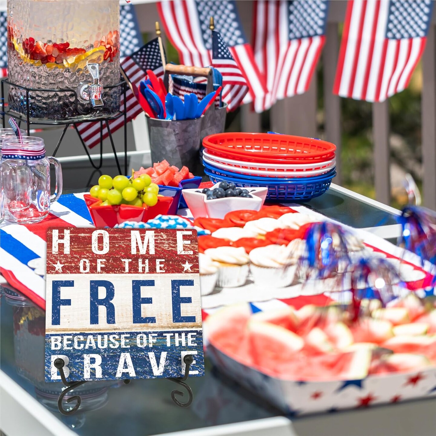 July 4th Retro Wood Plaque With Iron Stand - Home Of The Free Because Of The Brave - 4&#x22;x4&#x22; Wooden Block Sign, Patriotic Desk Signs, Shelf &#x26; Tabletop Decorations, America Memorial Day Supplies - E05